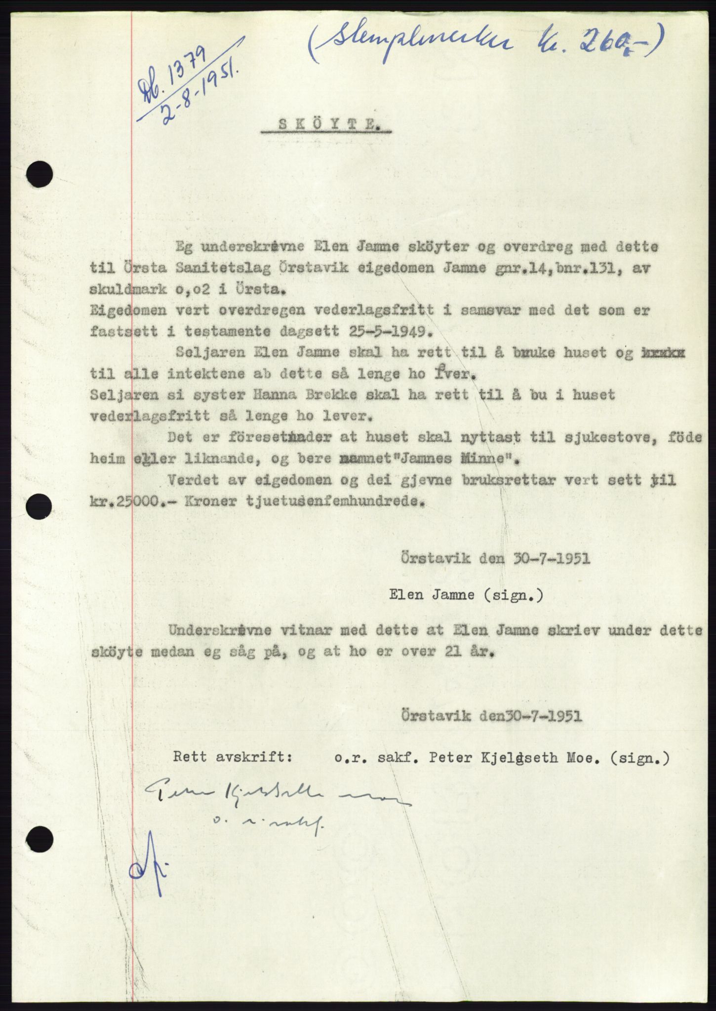 Søre Sunnmøre sorenskriveri, SAT/A-4122/1/2/2C/L0089: Pantebok nr. 15A, 1951-1951, Dagboknr: 1379/1951