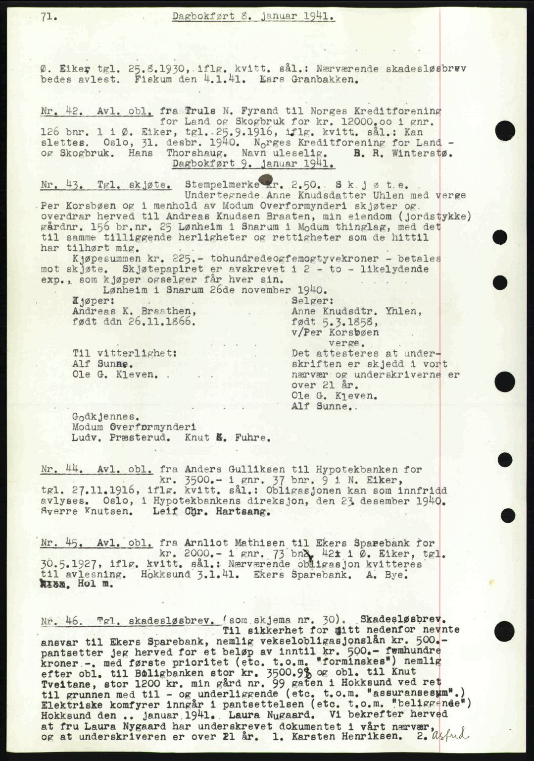 Eiker, Modum og Sigdal sorenskriveri, SAKO/A-123/G/Ga/Gab/L0043: Pantebok nr. A13, 1940-1941, Dagboknr: 42/1941
