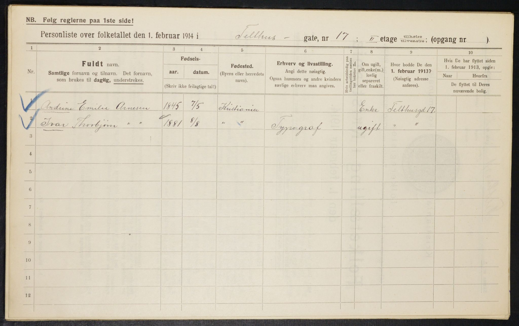 OBA, Kommunal folketelling 1.2.1914 for Kristiania, 1914, s. 108481