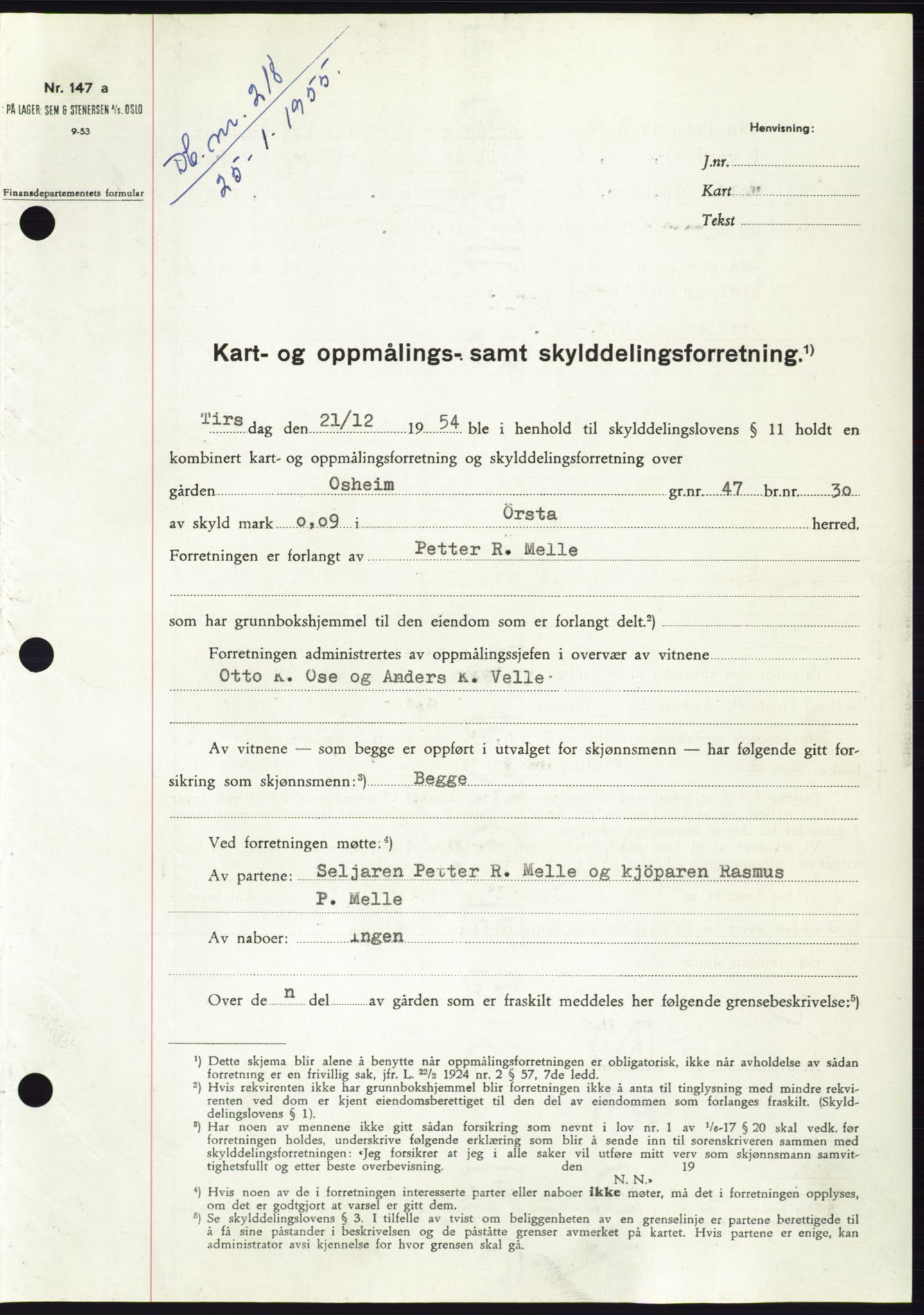 Søre Sunnmøre sorenskriveri, SAT/A-4122/1/2/2C/L0100: Pantebok nr. 26A, 1954-1955, Dagboknr: 218/1955