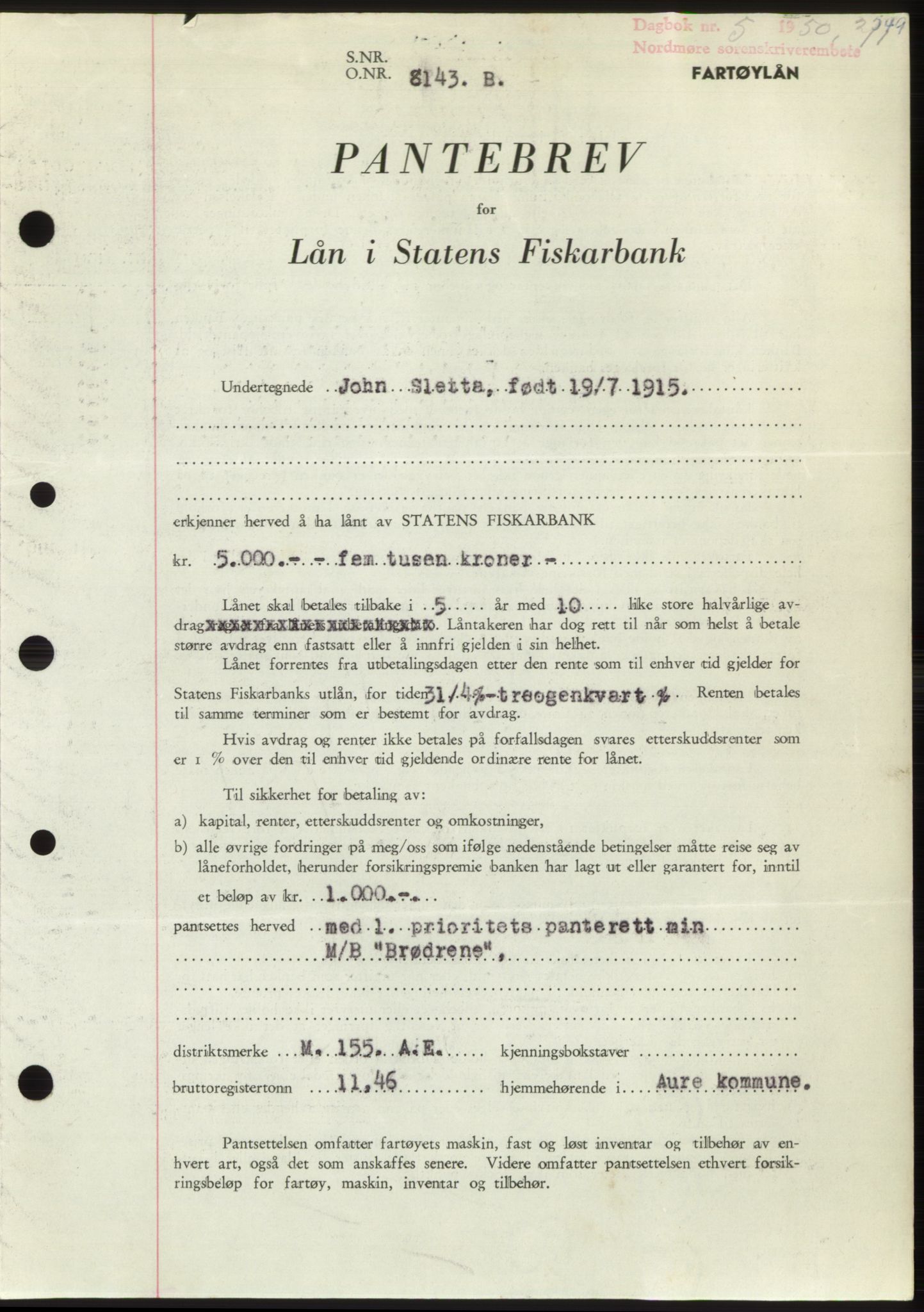 Nordmøre sorenskriveri, SAT/A-4132/1/2/2Ca: Pantebok nr. B103, 1949-1950, Dagboknr: 5/1950