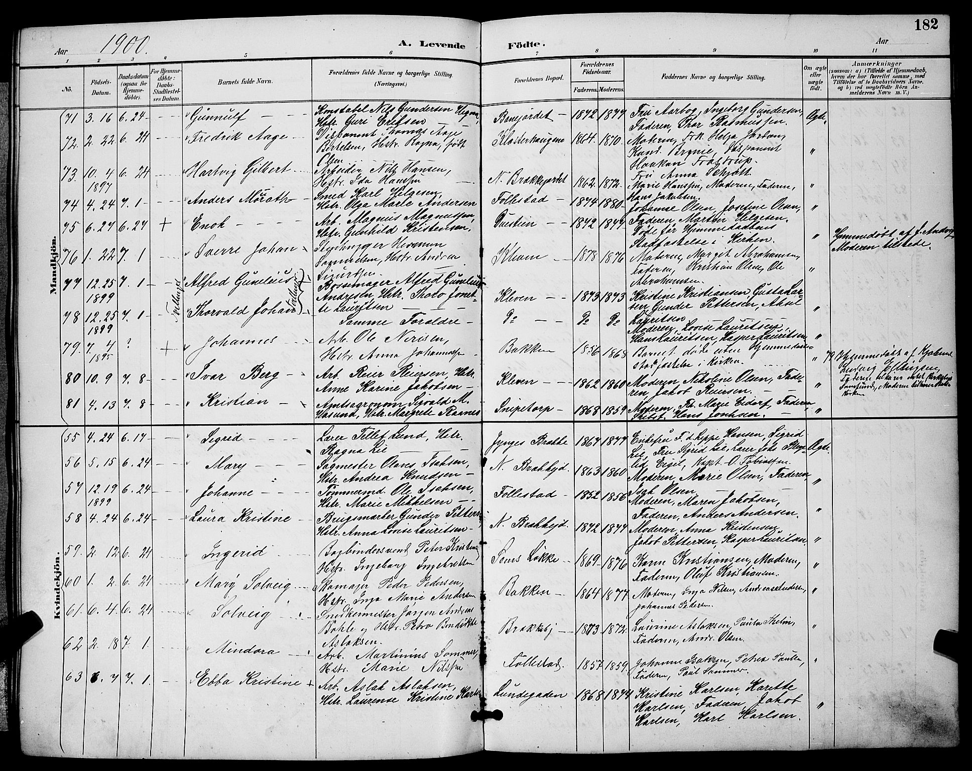 Skien kirkebøker, AV/SAKO-A-302/G/Ga/L0007: Klokkerbok nr. 7, 1891-1900, s. 182