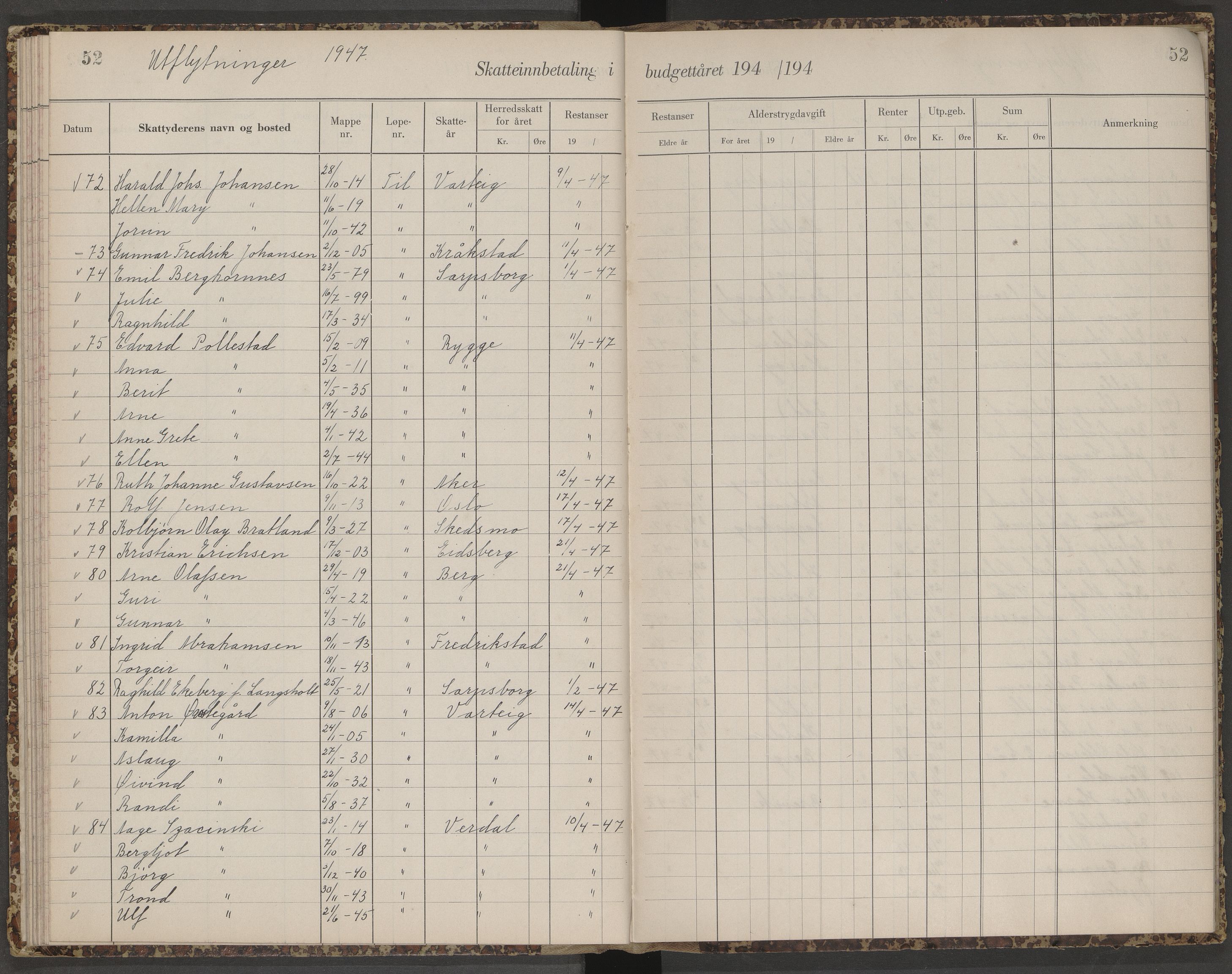 Skjeberg folkeregister, AV/SAO-A-10495/K/Ka/L0003: Fortegnelse over inn- og utflyttede, 1943-1947, s. 52
