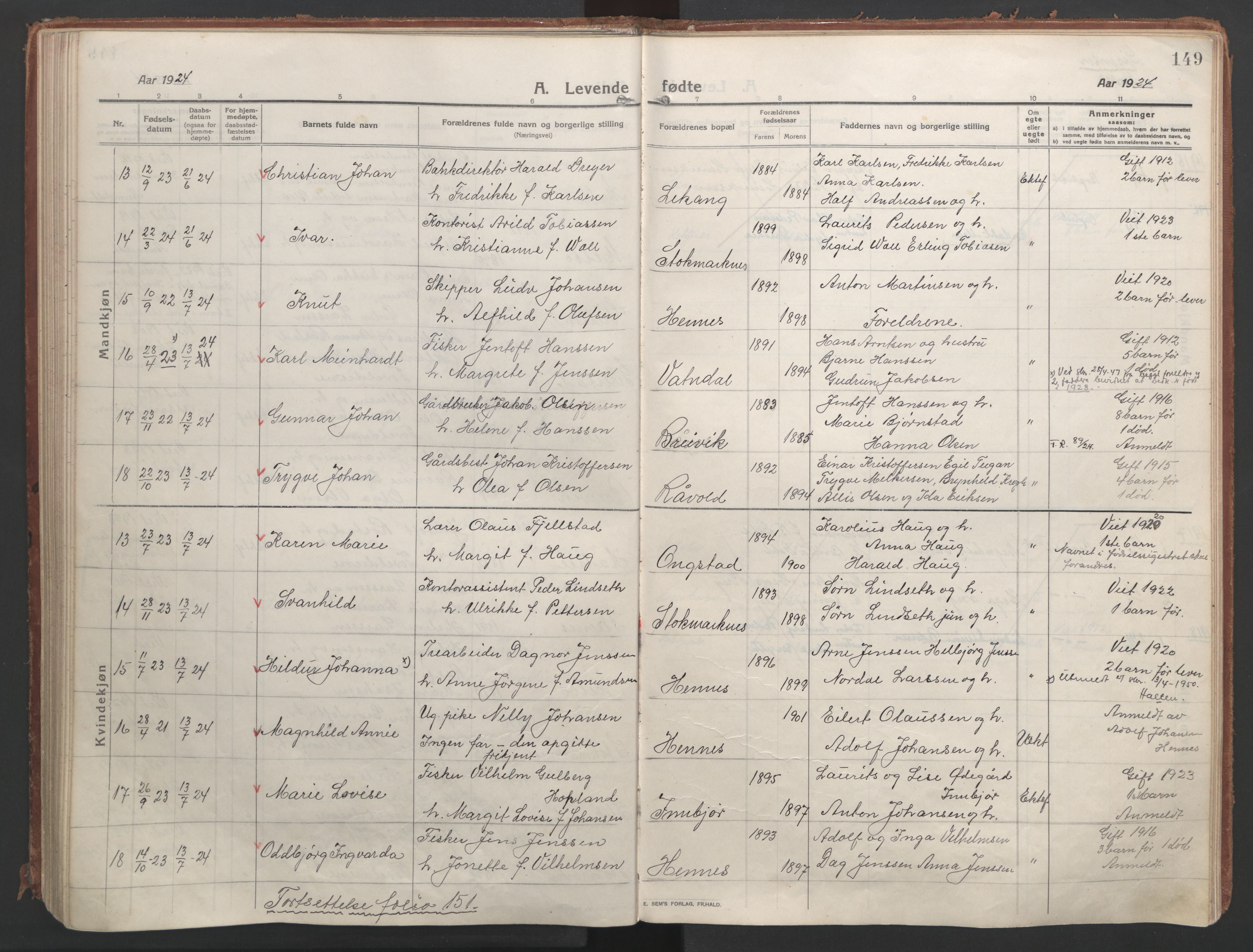 Ministerialprotokoller, klokkerbøker og fødselsregistre - Nordland, AV/SAT-A-1459/888/L1250: Ministerialbok nr. 888A16, 1913-1925, s. 149