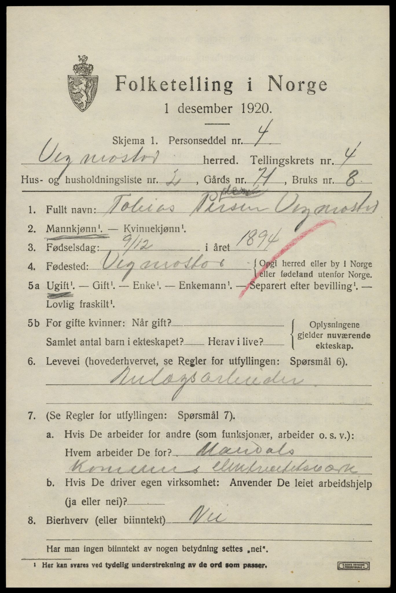 SAK, Folketelling 1920 for 1028 Vigmostad herred, 1920, s. 1219