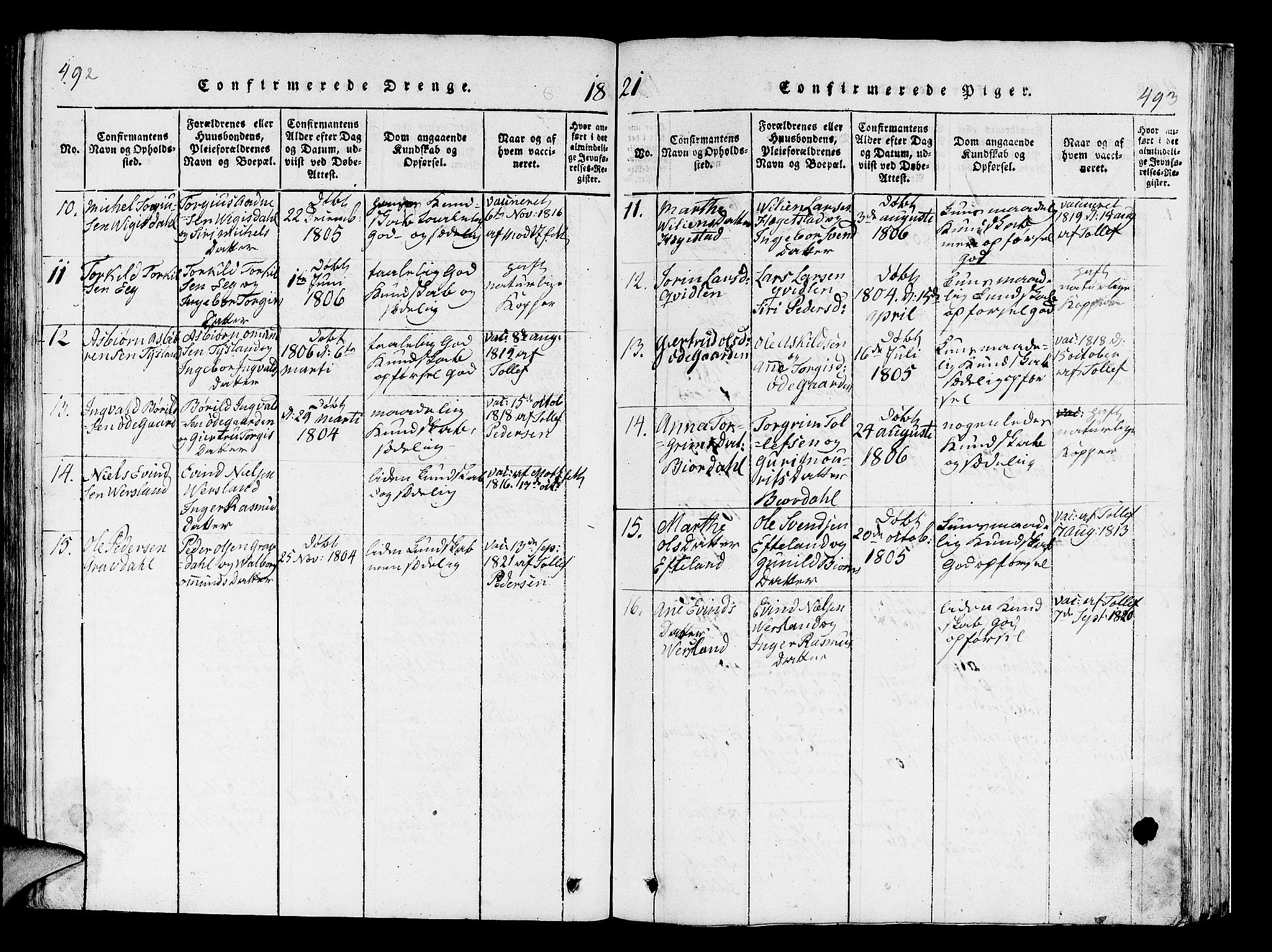 Helleland sokneprestkontor, SAST/A-101810: Ministerialbok nr. A 5, 1815-1834, s. 492-493