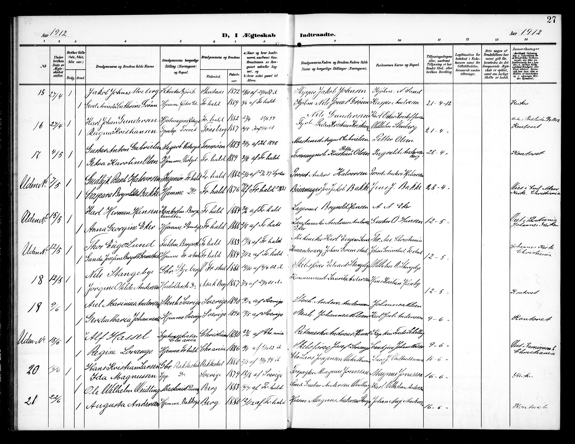 Halden prestekontor Kirkebøker, AV/SAO-A-10909/G/Ga/L0011: Klokkerbok nr. 11, 1906-1934, s. 27