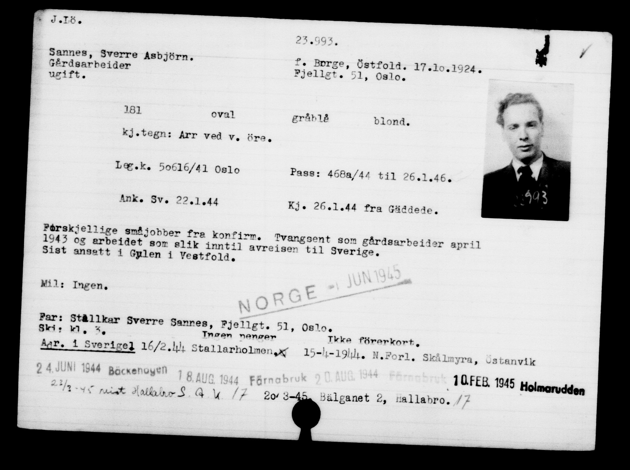 Utenriksstasjonene, Legasjonen i Stockholm, Flyktningkontoret, AV/RA-S-6753/V/Va/L0010: Kjesäterkartoteket, flyktninger med registreringsnr. 22000-25314, 1940-1945, s. 2111