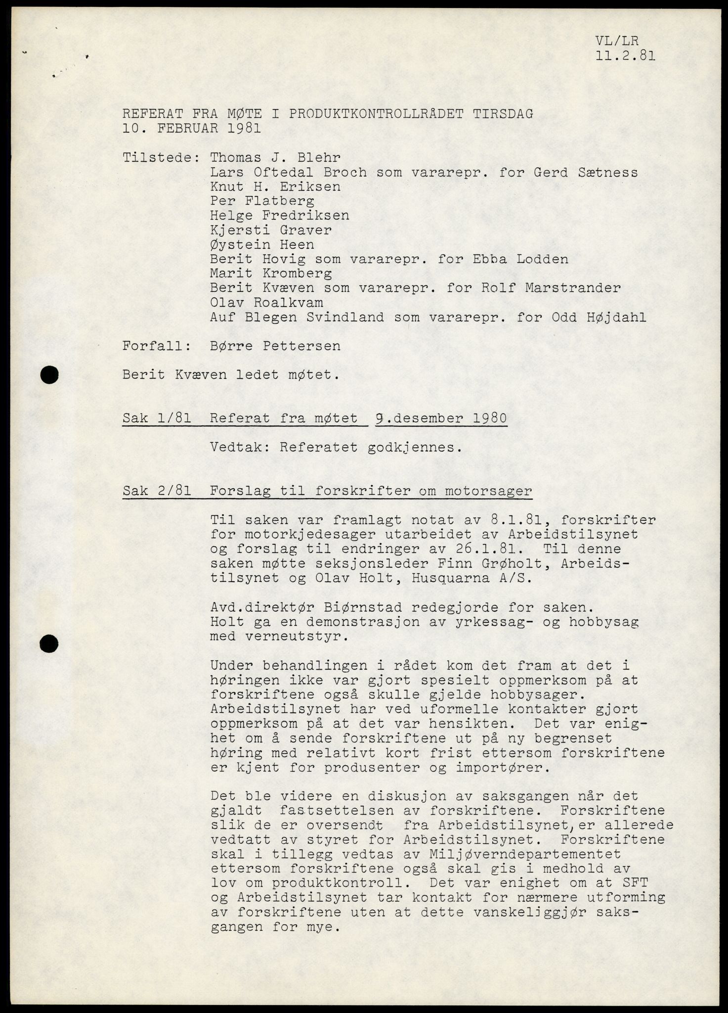 Statens forurensningstilsyn, hovedkontoret, AV/RA-S-4136/1/A/Ab/L0006: Produktkontrollrådet - Innkalling og referater, 1981