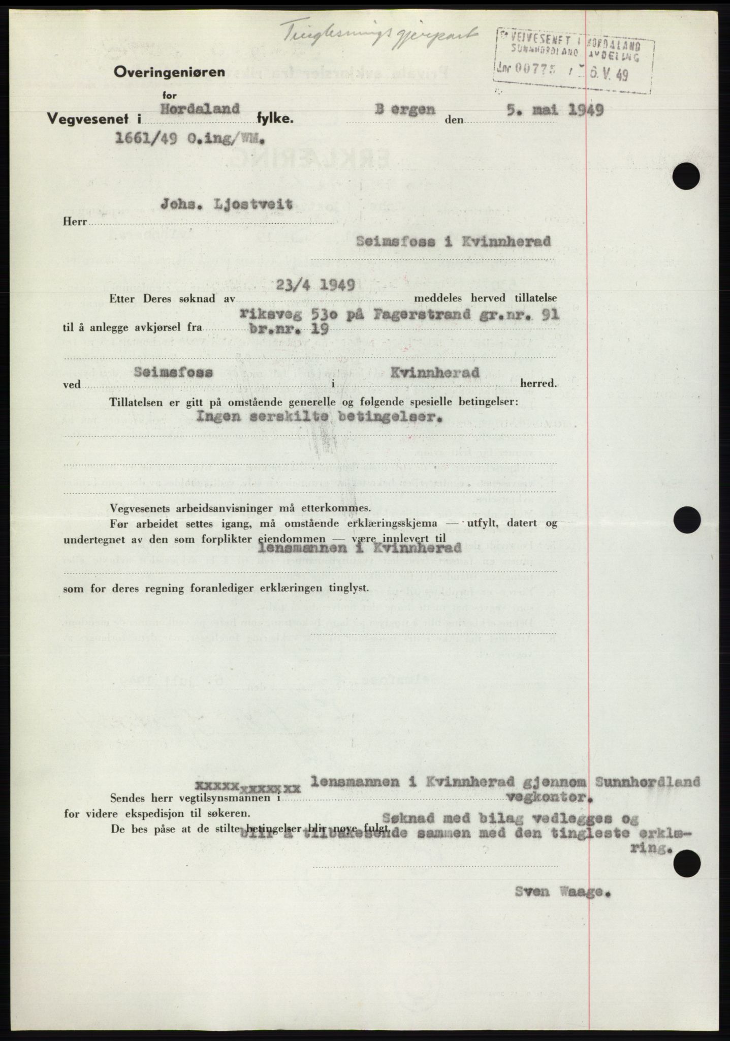Sunnhordland sorenskrivar, AV/SAB-A-2401: Pantebok nr. B75-79, 1948-1950, Dagboknr: 1620/1949