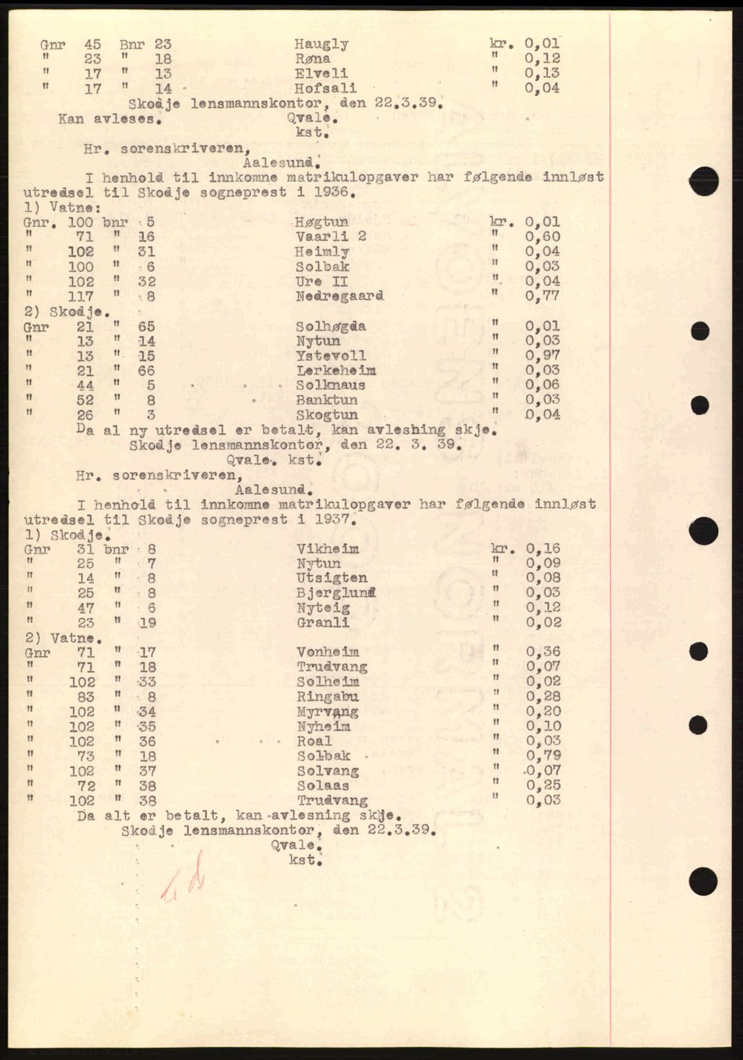 Nordre Sunnmøre sorenskriveri, SAT/A-0006/1/2/2C/2Ca: Pantebok nr. B1-6, 1938-1942, Dagboknr: 451/1939