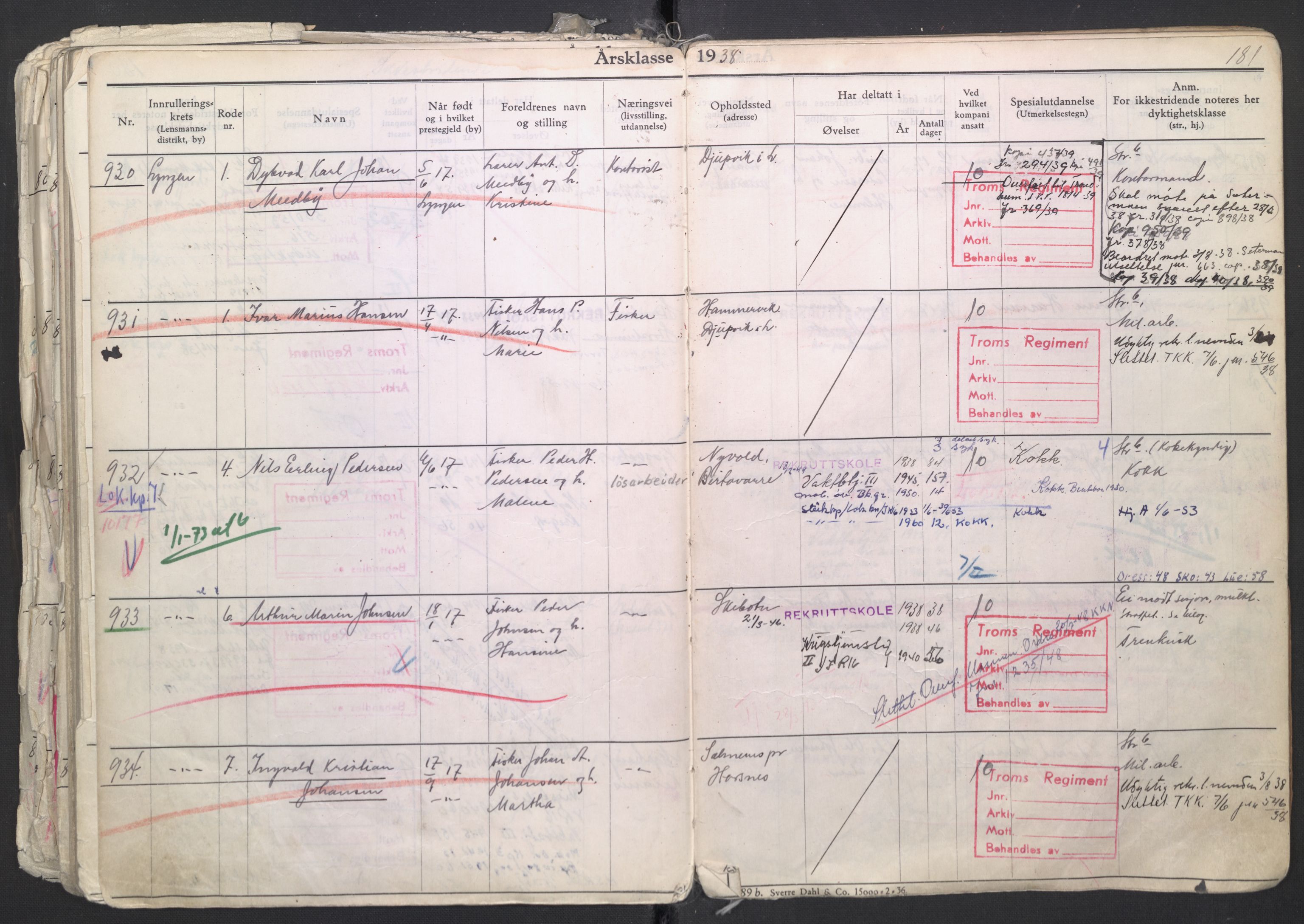 Forsvaret, Troms infanteriregiment nr. 16, AV/RA-RAFA-3146/P/Pa/L0007/0003: Ruller / Rulle for regimentets menige mannskaper, årsklasse 1938, 1938, s. 181