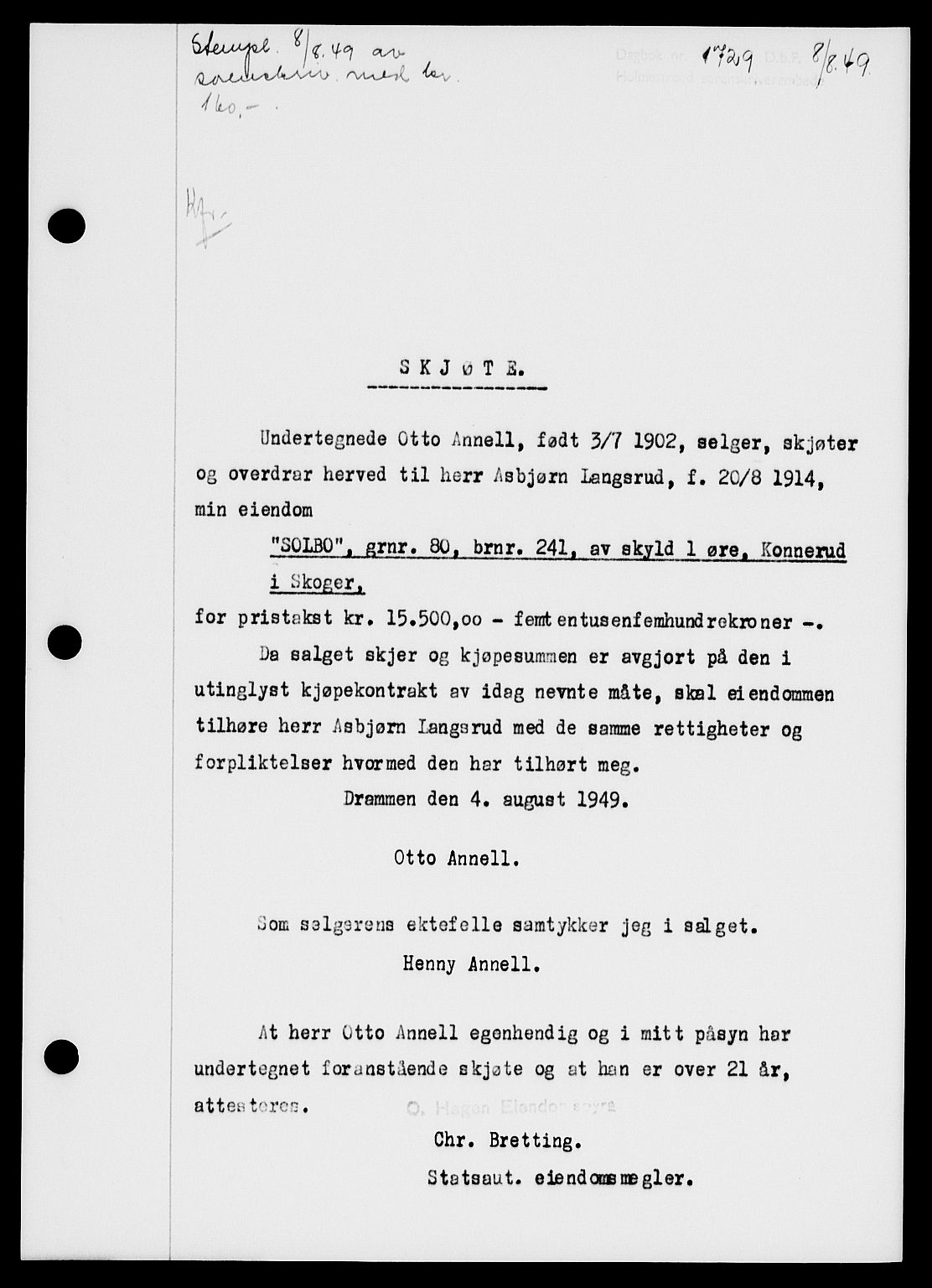 Holmestrand sorenskriveri, SAKO/A-67/G/Ga/Gaa/L0067: Pantebok nr. A-67, 1949-1949, Dagboknr: 1729/1949