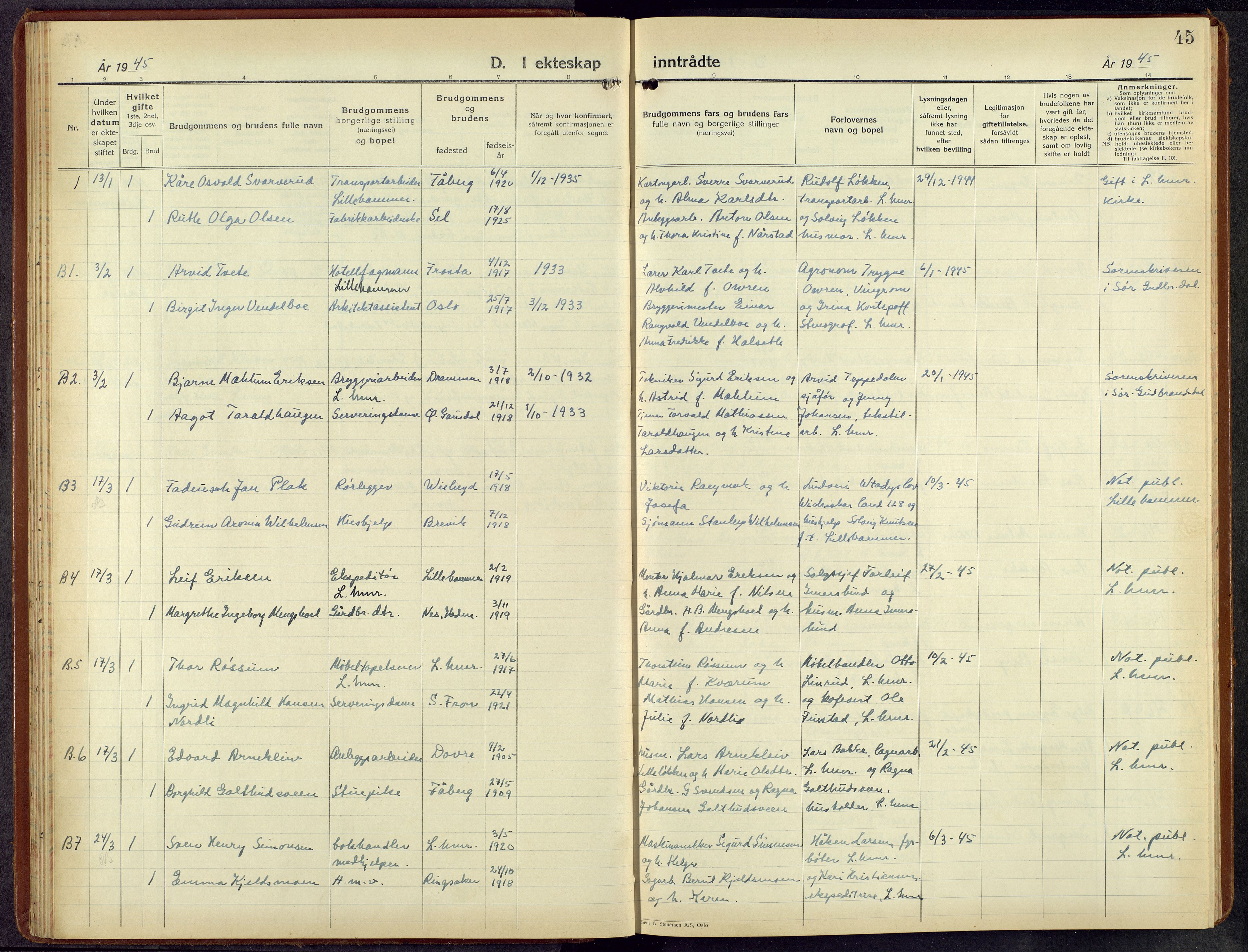 Lillehammer prestekontor, AV/SAH-PREST-088/H/Ha/Hab/L0004: Klokkerbok nr. 4, 1940-1955, s. 45