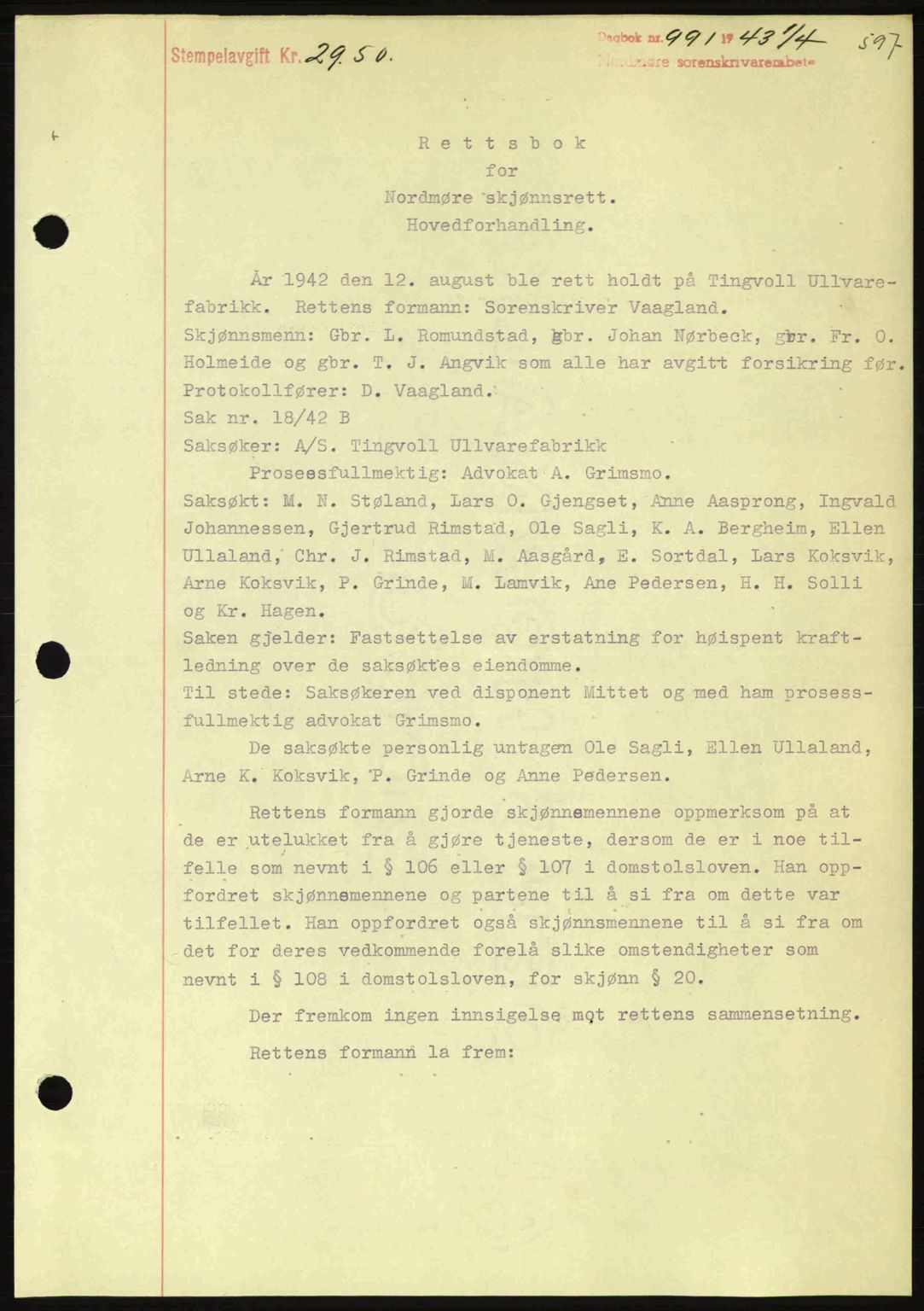 Nordmøre sorenskriveri, SAT/A-4132/1/2/2Ca: Pantebok nr. B90, 1942-1943, Dagboknr: 991/1943