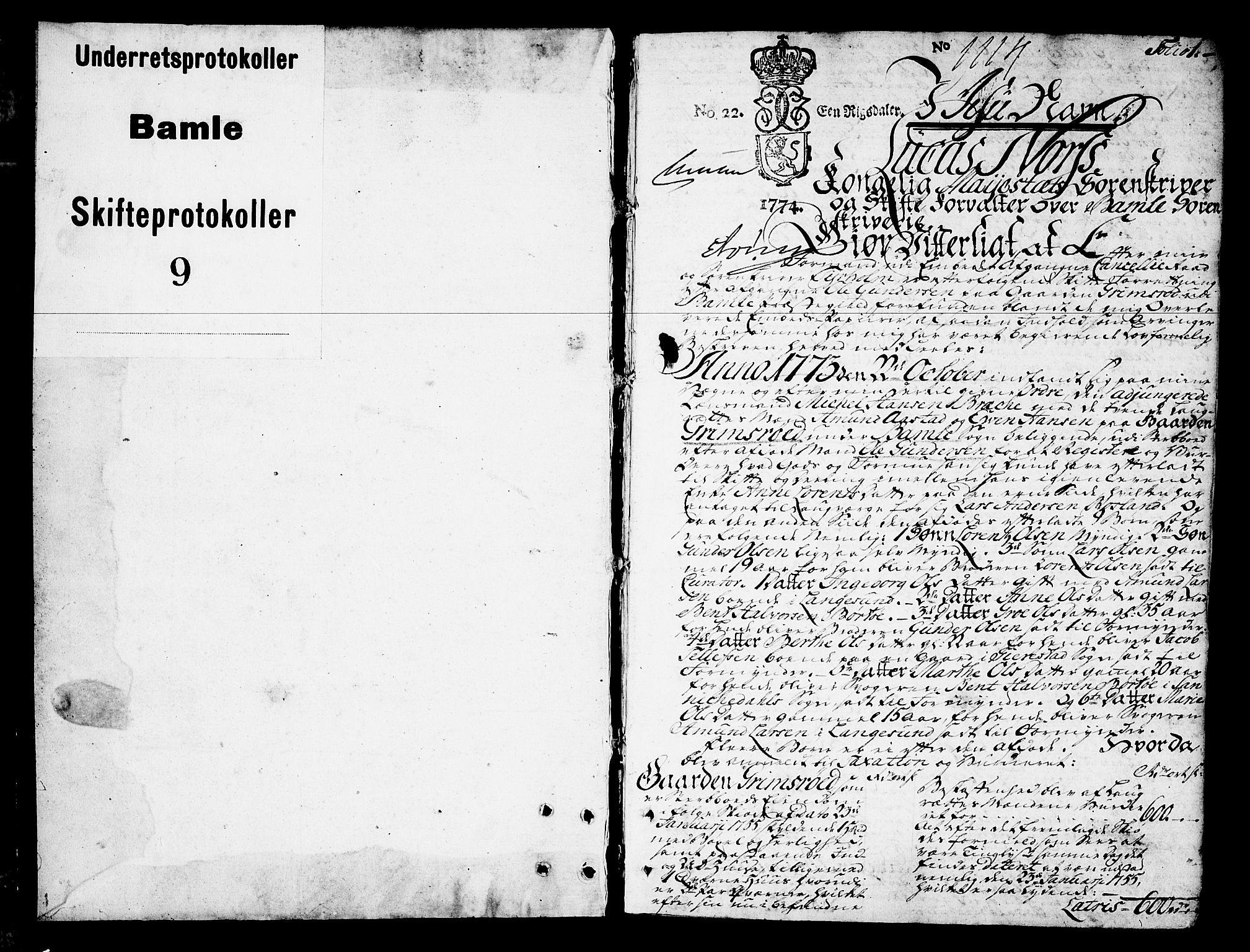 Bamble sorenskriveri, AV/SAKO-A-214/H/Hb/Hba/Hbaa/L0009: Skifteprotokoll, 1774-1779, s. 0b-1a