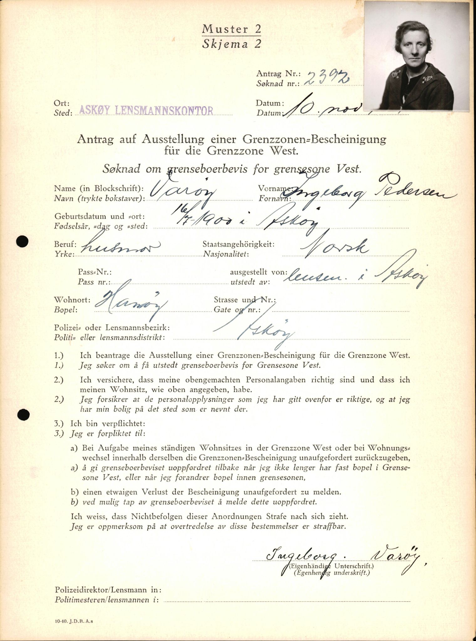 Lensmannen i Askøy, AV/SAB-A-31001/0026/L0008: Søknader om grensebuarbevis 2126 - 2550, 1940, s. 535
