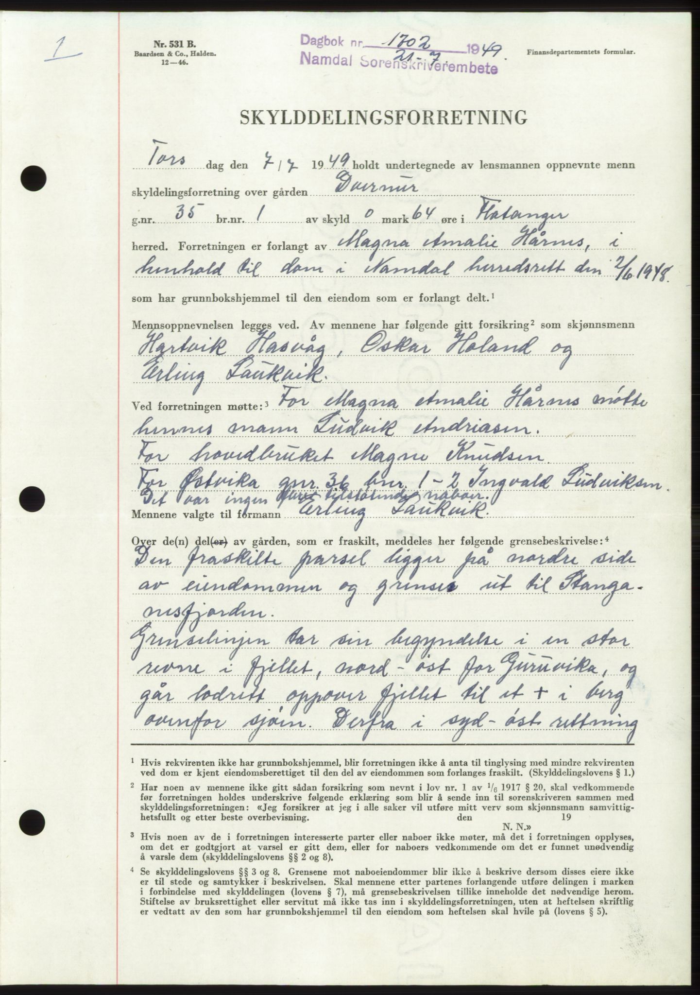 Namdal sorenskriveri, SAT/A-4133/1/2/2C: Pantebok nr. -, 1949-1949, Dagboknr: 1702/1949