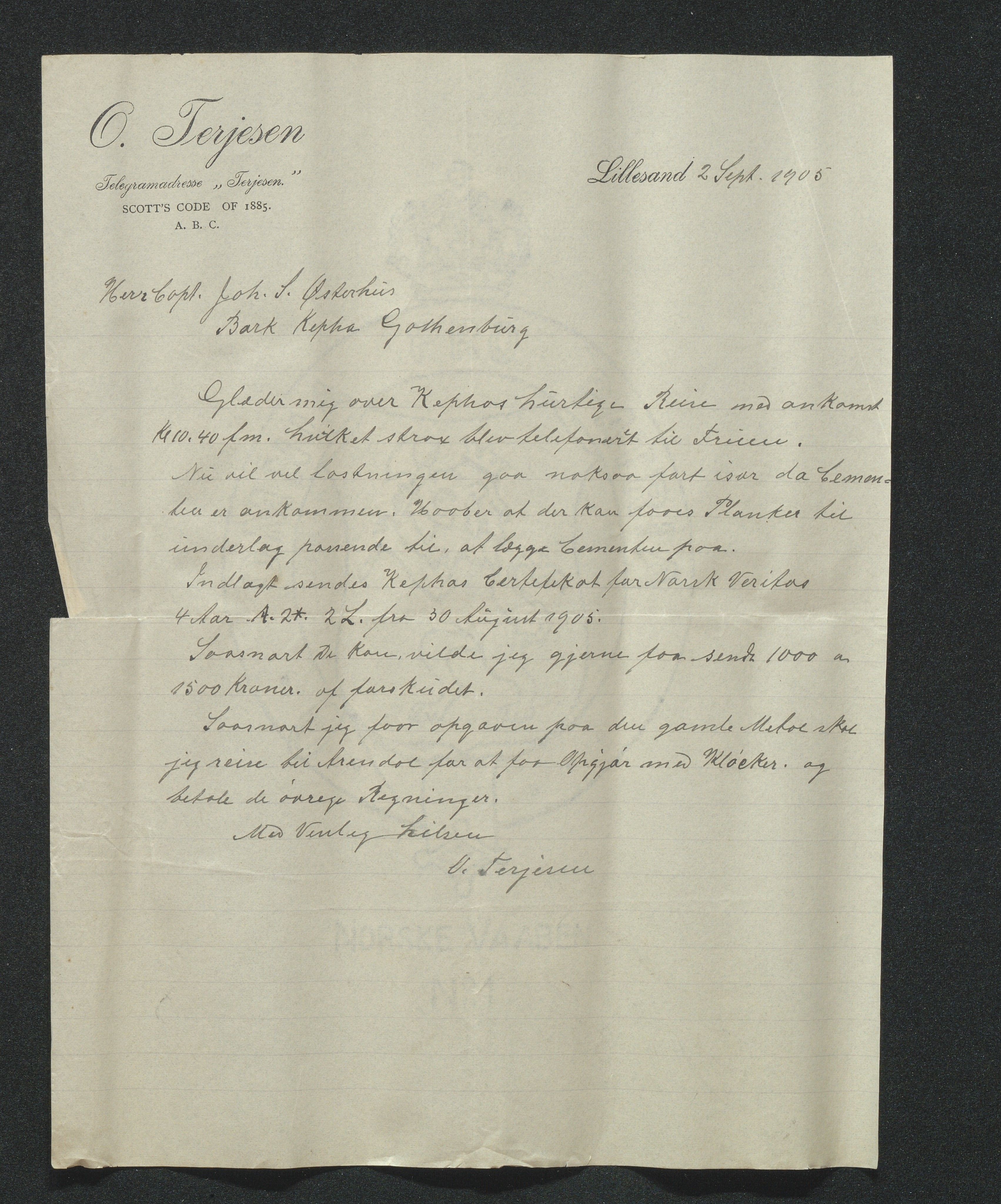 O. Terjesens rederi, AAKS/PA-2525/E/E01/L0014: Korrespondanse, 1905