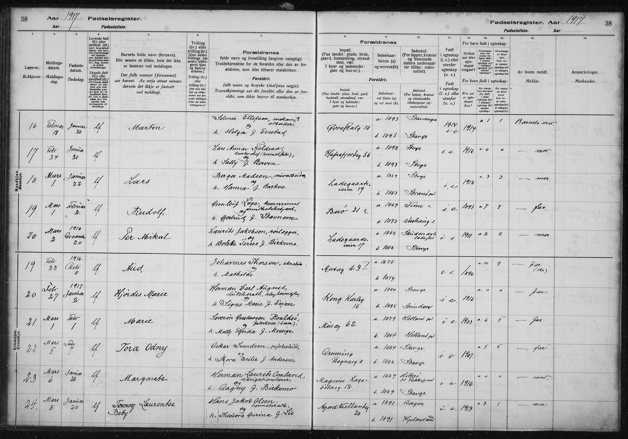 St. Petri sokneprestkontor, AV/SAST-A-101813/002/A/L0001: Fødselsregister nr. 1, 1916-1922, s. 38