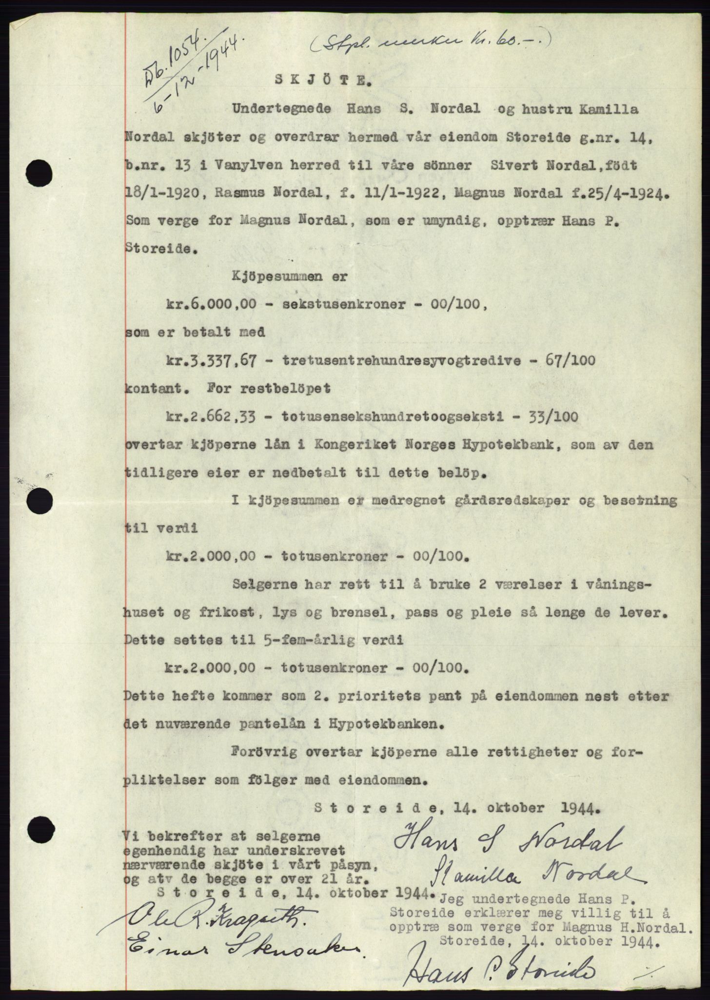 Søre Sunnmøre sorenskriveri, SAT/A-4122/1/2/2C/L0076: Pantebok nr. 2A, 1943-1944, Dagboknr: 1054/1944