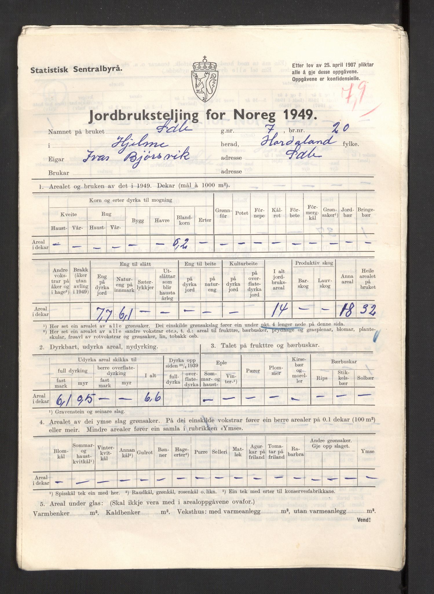 Statistisk sentralbyrå, Næringsøkonomiske emner, Jordbruk, skogbruk, jakt, fiske og fangst, AV/RA-S-2234/G/Gc/L0276: Hordaland: Herdla og Hjelme, 1949, s. 1222