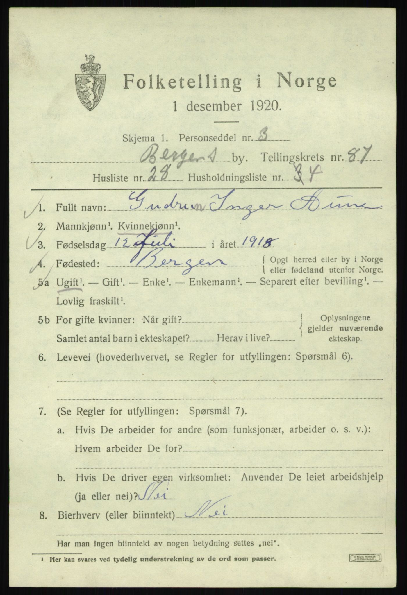 SAB, Folketelling 1920 for 1301 Bergen kjøpstad, 1920, s. 160180