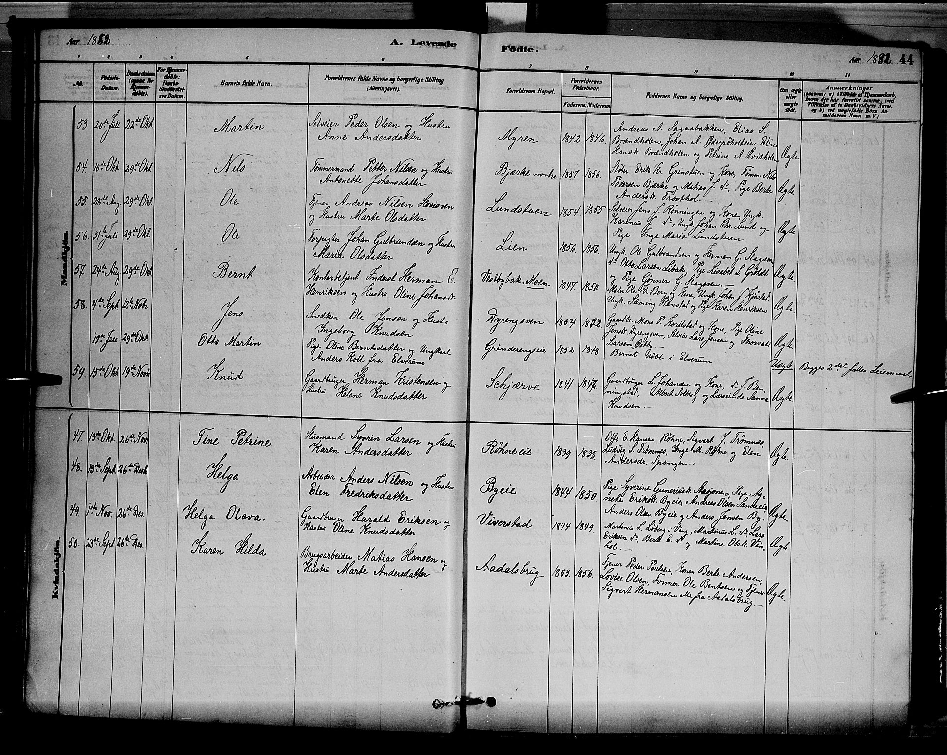 Løten prestekontor, AV/SAH-PREST-022/L/La/L0005: Klokkerbok nr. 5, 1878-1891, s. 44