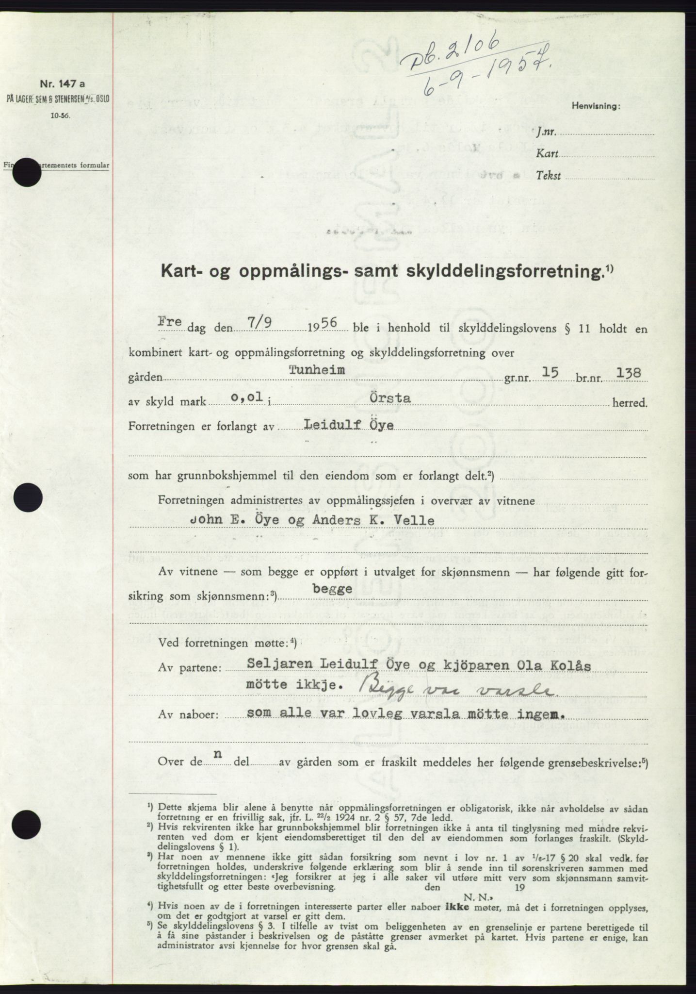 Søre Sunnmøre sorenskriveri, SAT/A-4122/1/2/2C/L0107: Pantebok nr. 33A, 1957-1957, Dagboknr: 2106/1957