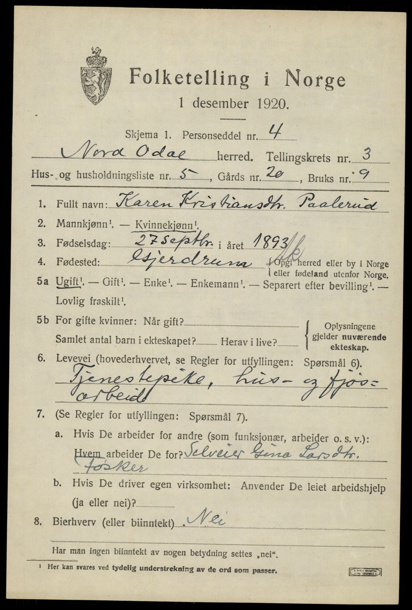 SAH, Folketelling 1920 for 0418 Nord-Odal herred, 1920, s. 3859