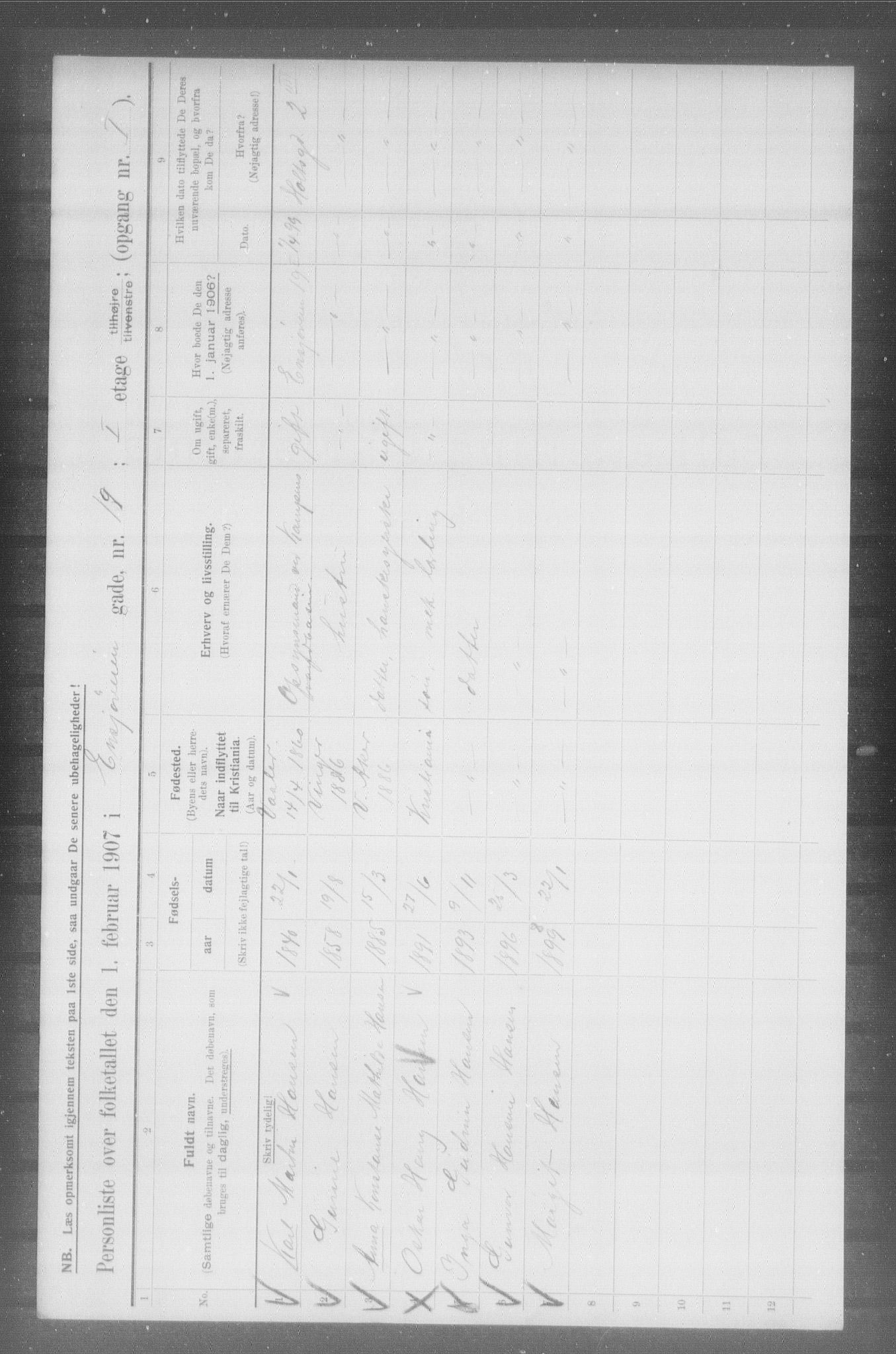 OBA, Kommunal folketelling 1.2.1907 for Kristiania kjøpstad, 1907, s. 11087