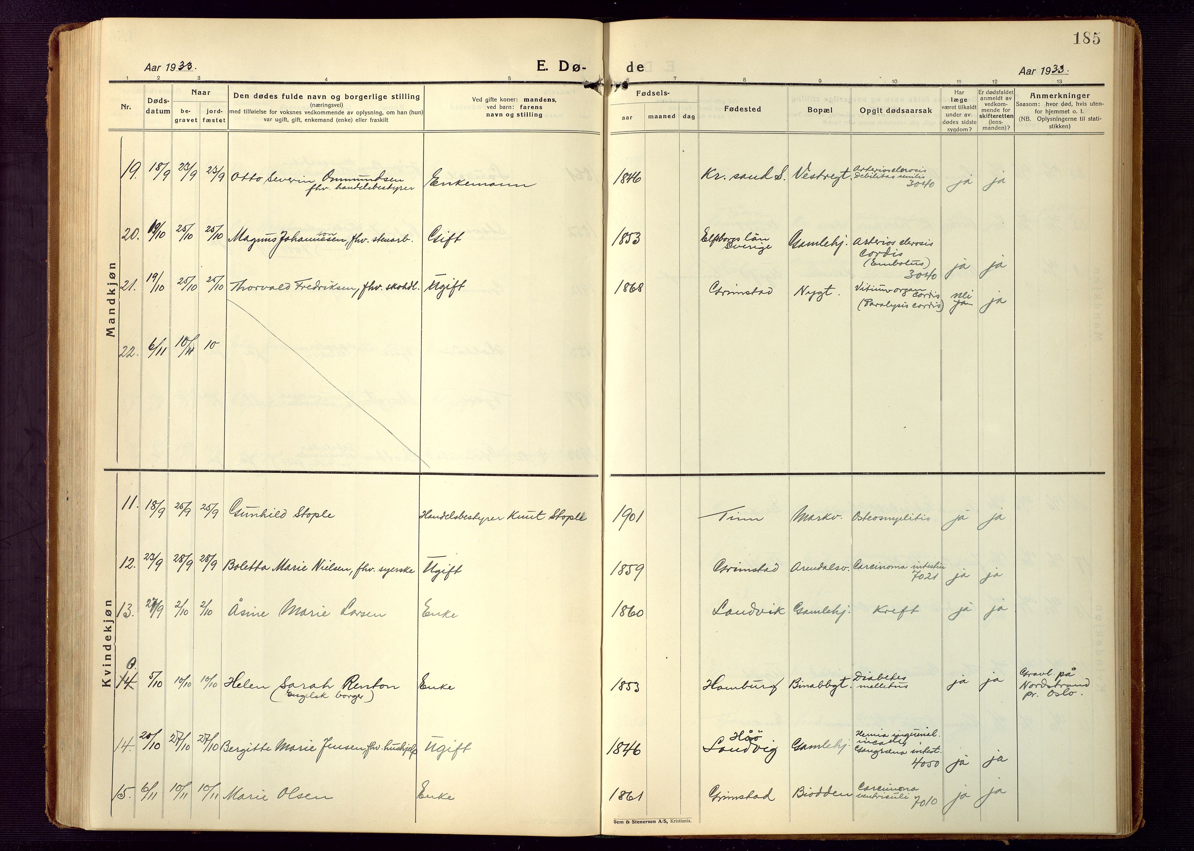 Grimstad sokneprestkontor, AV/SAK-1111-0017/F/Fb/L0002: Klokkerbok nr. B 2, 1923-1949, s. 185