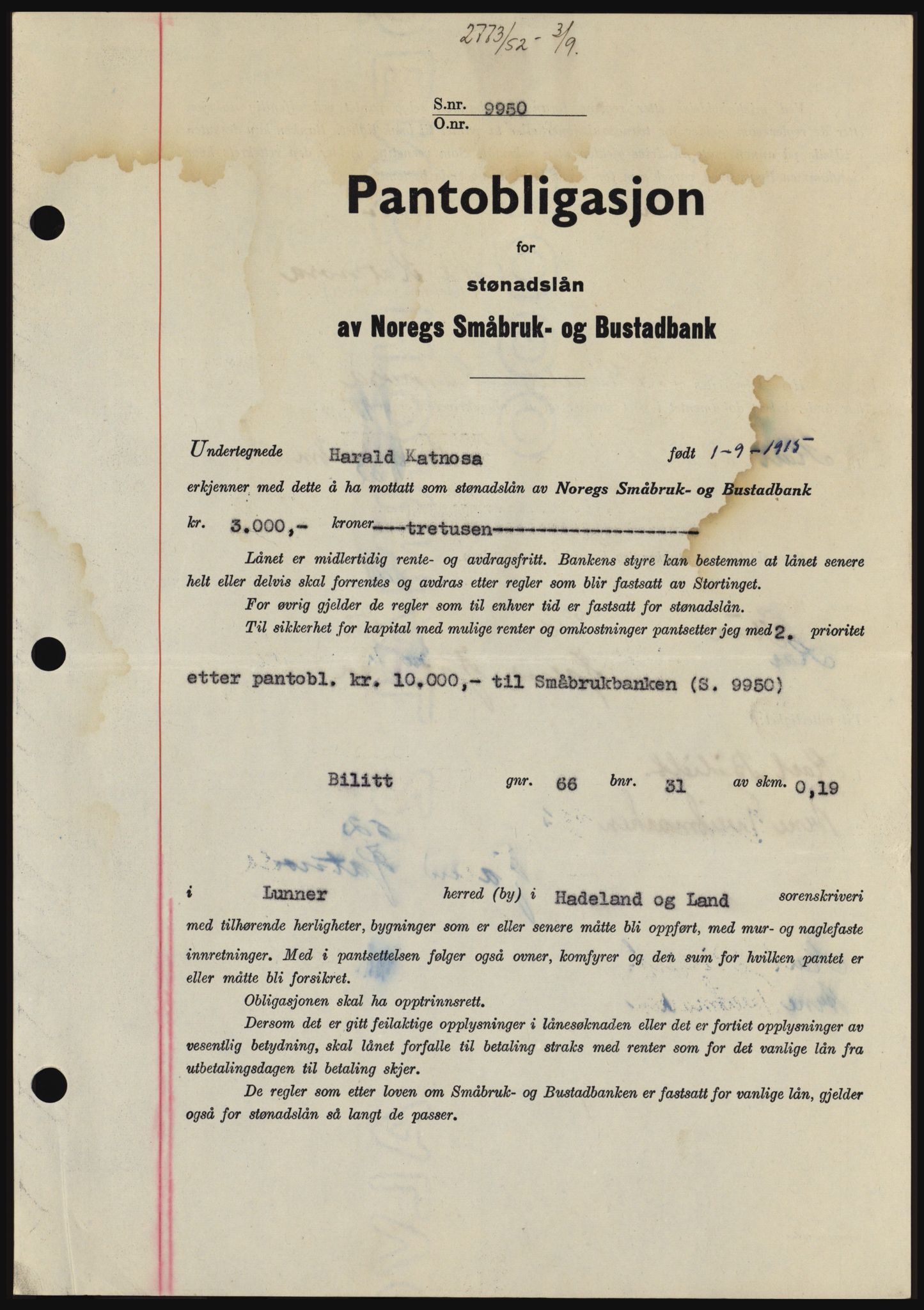 Hadeland og Land tingrett, SAH/TING-010/H/Hb/Hbc/L0024: Pantebok nr. B24, 1952-1952, Dagboknr: 2773/1952