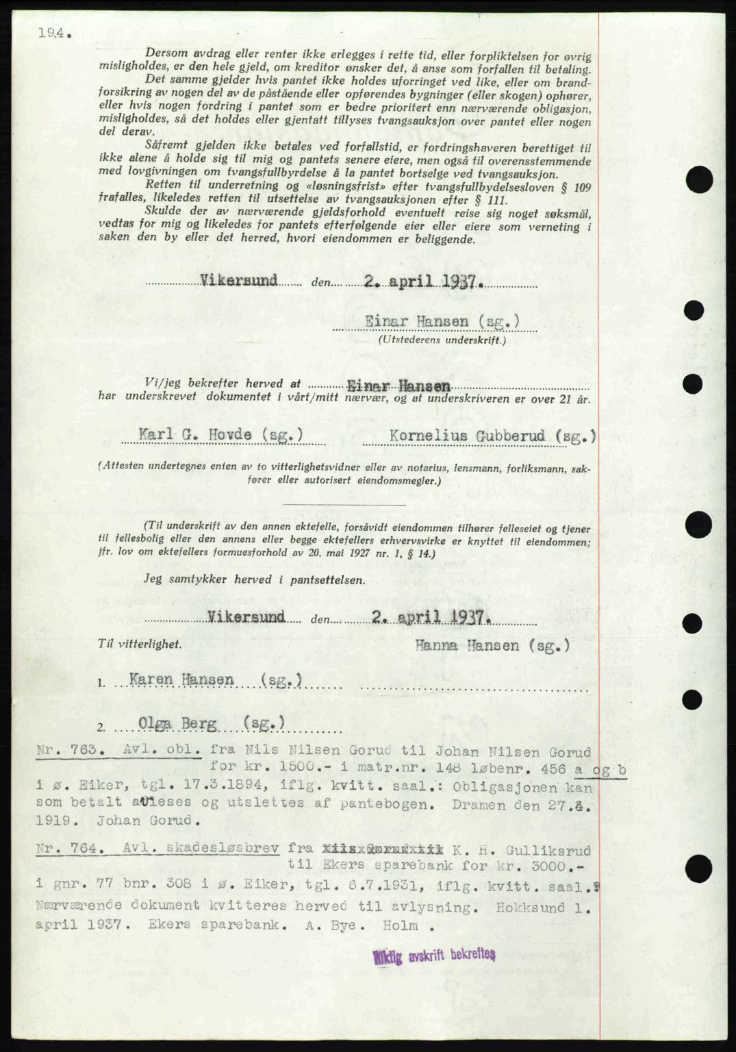 Eiker, Modum og Sigdal sorenskriveri, SAKO/A-123/G/Ga/Gab/L0035: Pantebok nr. A5, 1937-1937, Dagboknr: 762/1937