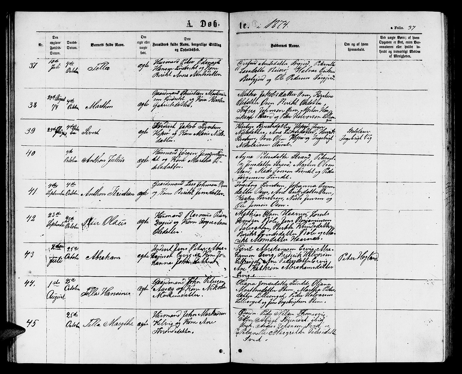 Ministerialprotokoller, klokkerbøker og fødselsregistre - Sør-Trøndelag, SAT/A-1456/658/L0725: Klokkerbok nr. 658C01, 1867-1882, s. 37