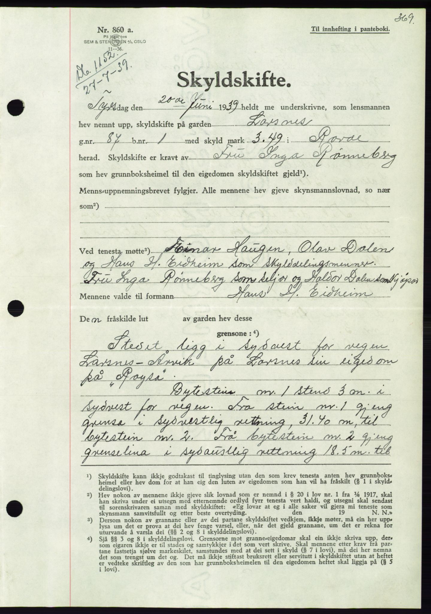 Søre Sunnmøre sorenskriveri, AV/SAT-A-4122/1/2/2C/L0068: Pantebok nr. 62, 1939-1939, Dagboknr: 1152/1939