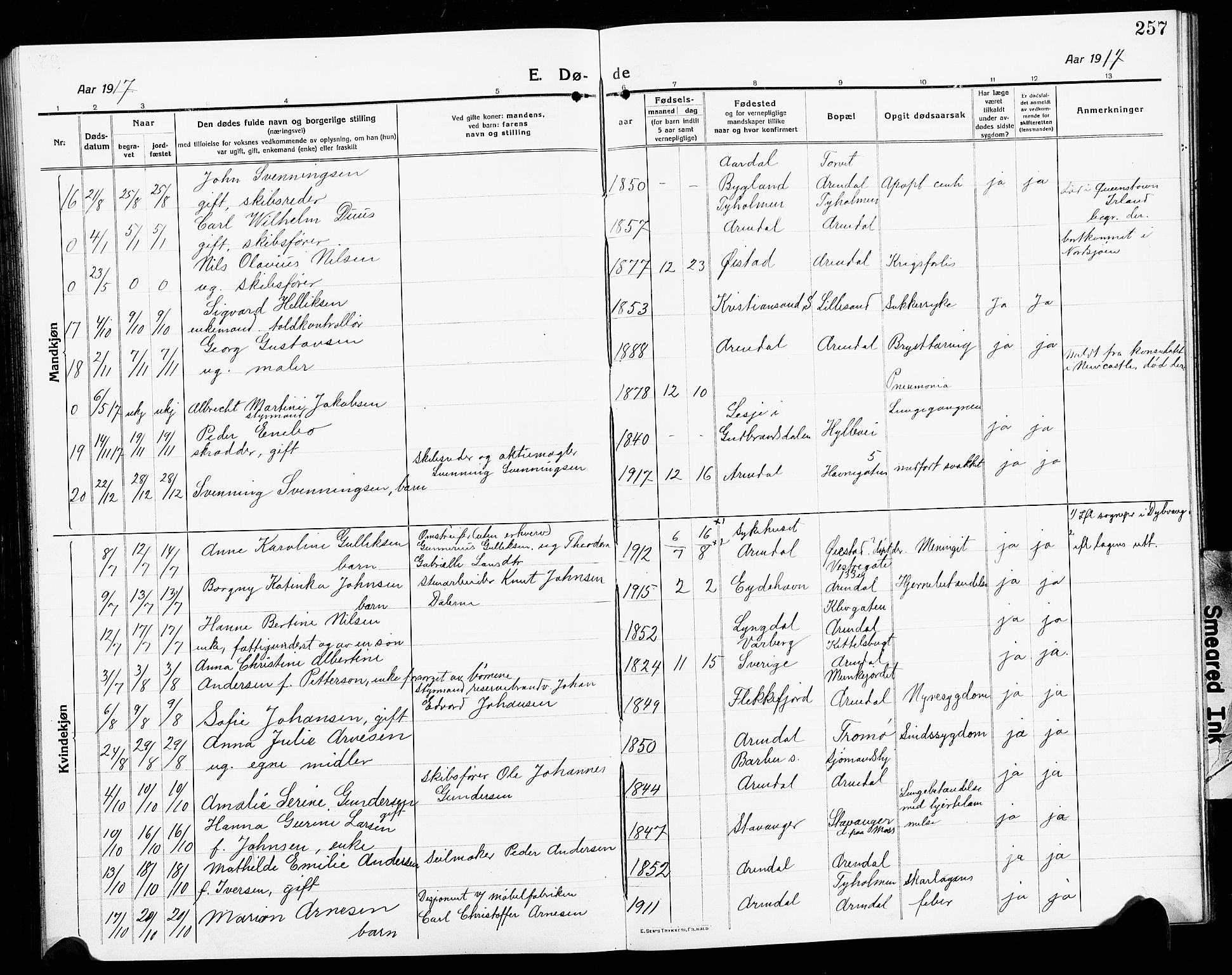 Arendal sokneprestkontor, Trefoldighet, AV/SAK-1111-0040/F/Fb/L0007: Klokkerbok nr. B 7, 1916-1927, s. 257