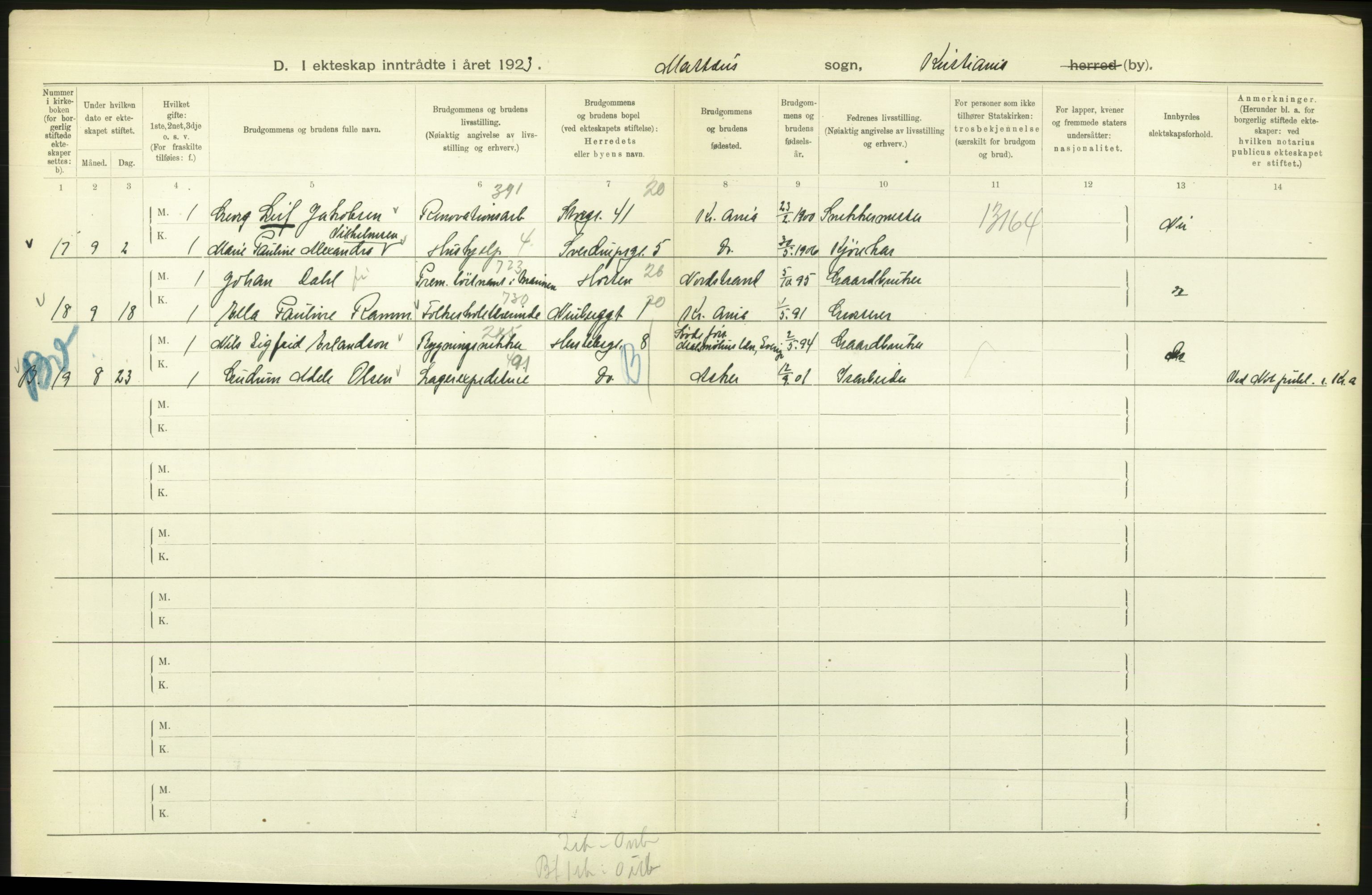 Statistisk sentralbyrå, Sosiodemografiske emner, Befolkning, AV/RA-S-2228/D/Df/Dfc/Dfcc/L0008: Kristiania: Gifte, 1923, s. 466