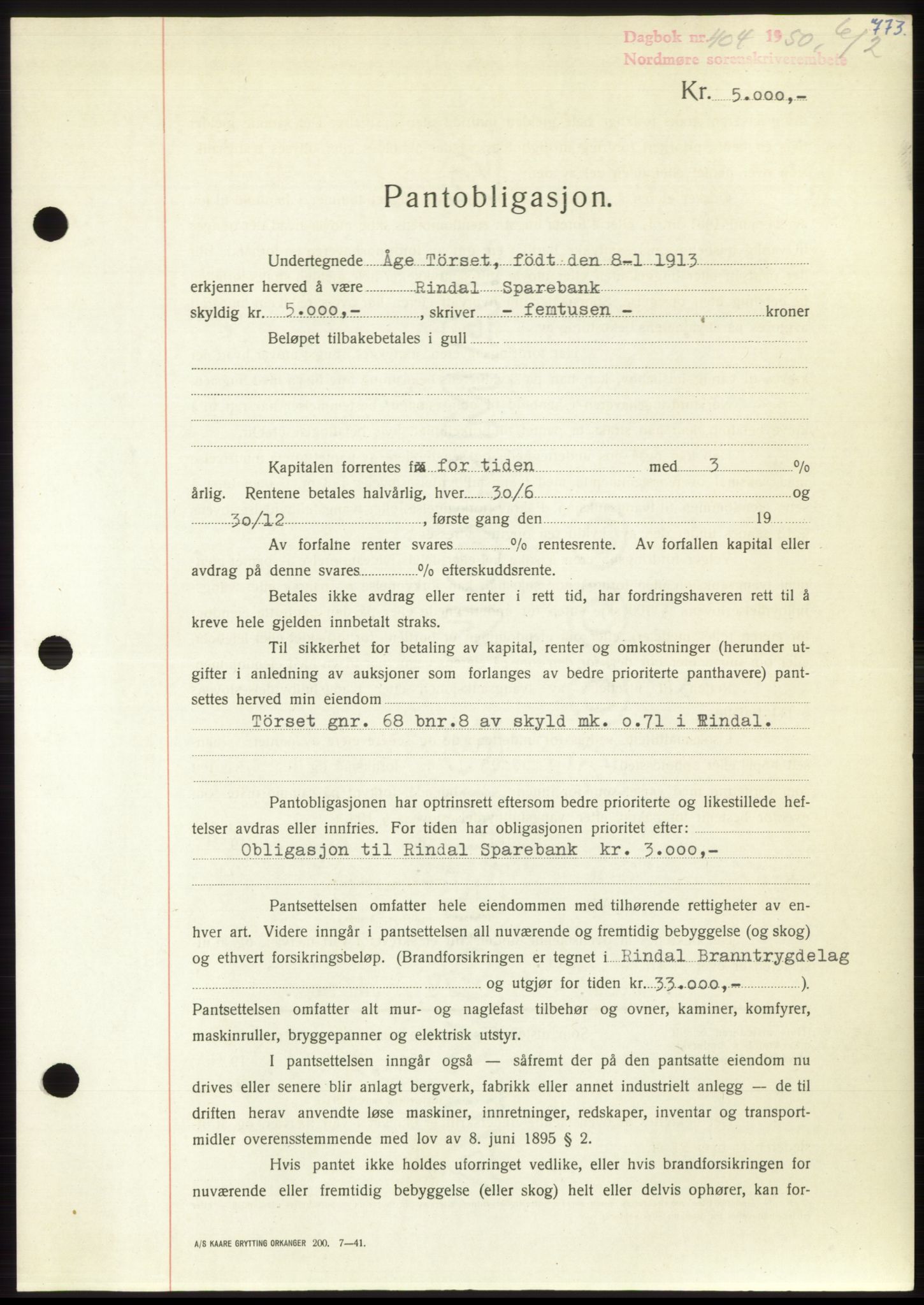 Nordmøre sorenskriveri, AV/SAT-A-4132/1/2/2Ca: Pantebok nr. B103, 1949-1950, Dagboknr: 404/1950