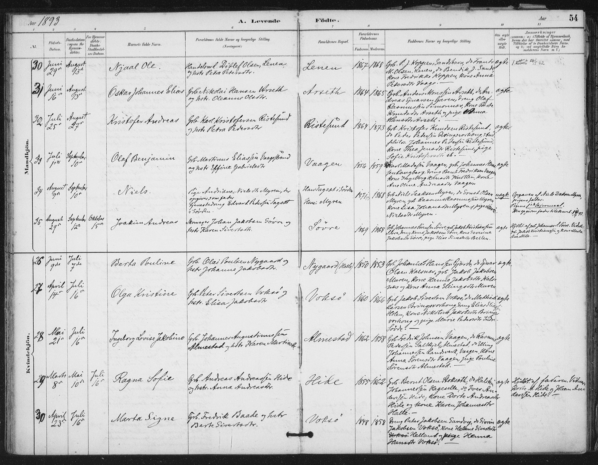 Ministerialprotokoller, klokkerbøker og fødselsregistre - Møre og Romsdal, AV/SAT-A-1454/503/L0037: Ministerialbok nr. 503A05, 1884-1900, s. 54