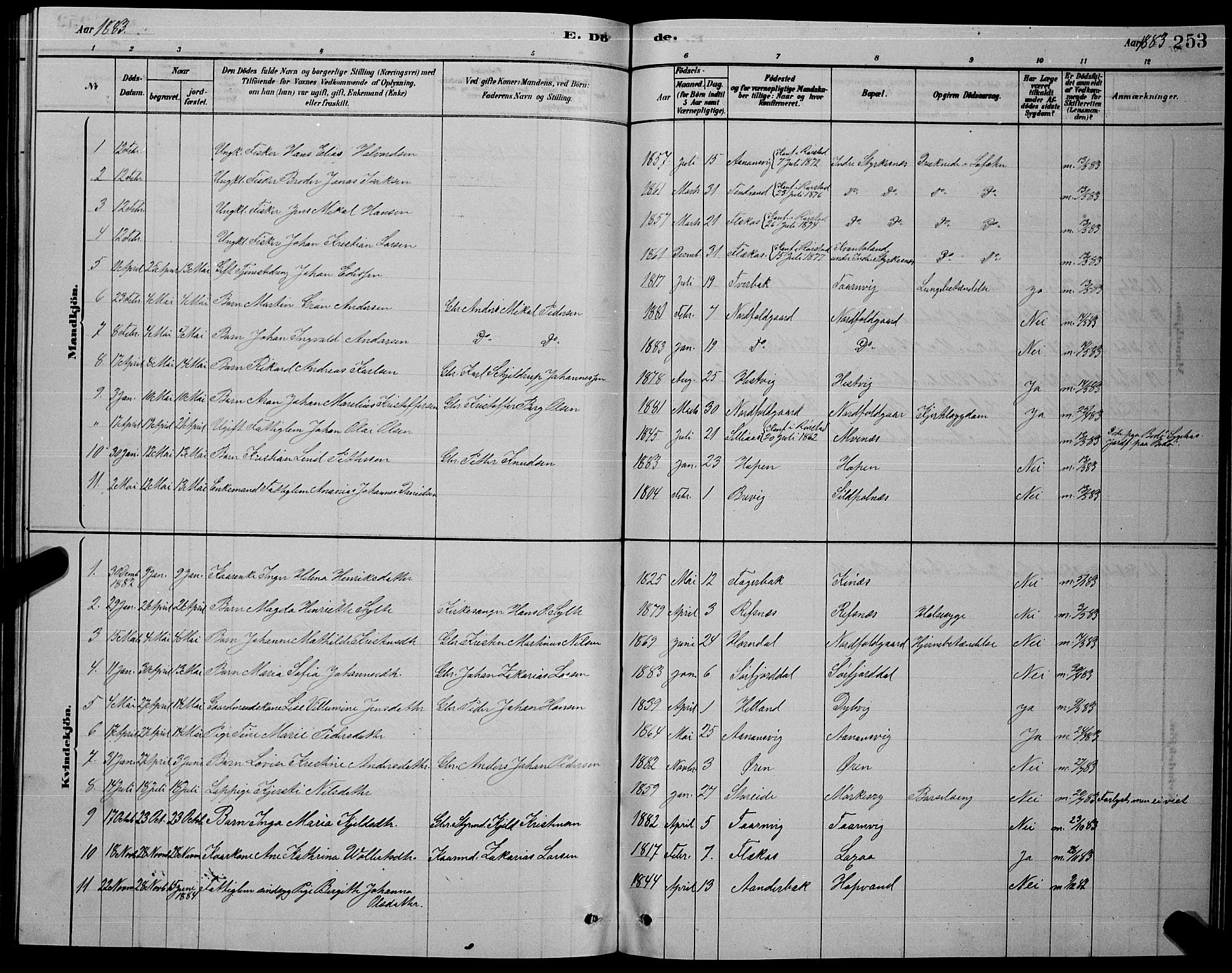 Ministerialprotokoller, klokkerbøker og fødselsregistre - Nordland, SAT/A-1459/853/L0776: Klokkerbok nr. 853C04, 1878-1889, s. 253