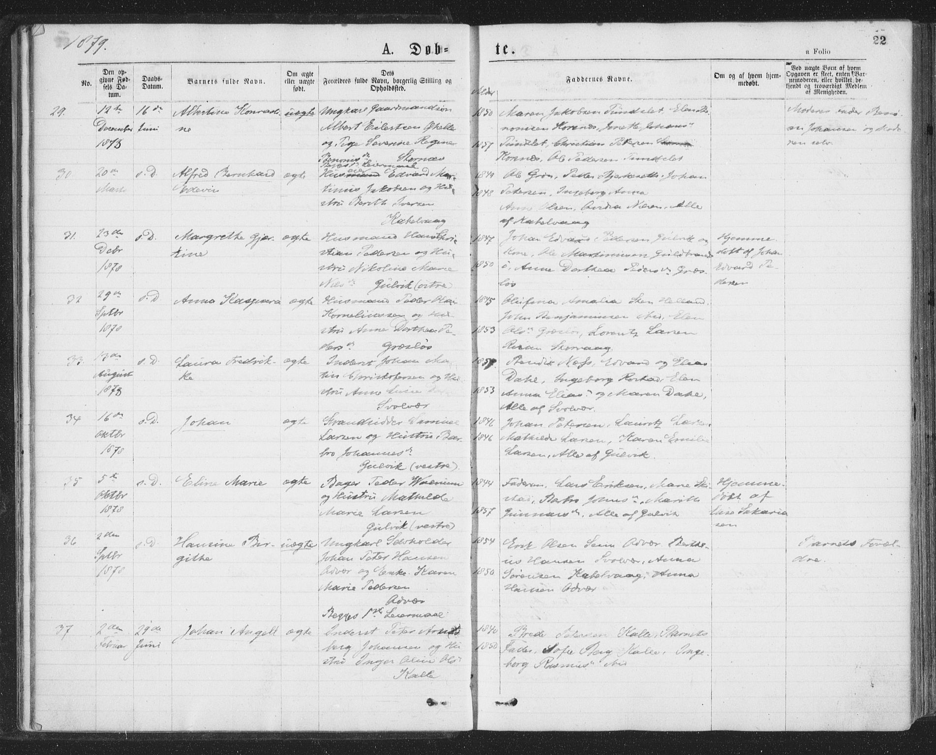 Ministerialprotokoller, klokkerbøker og fødselsregistre - Nordland, AV/SAT-A-1459/874/L1058: Ministerialbok nr. 874A02, 1878-1883, s. 22