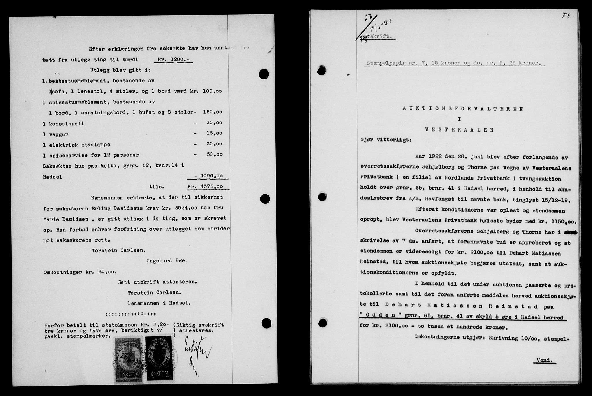 Vesterålen sorenskriveri, AV/SAT-A-4180/1/2/2Ca/L0051: Pantebok nr. 44, 1930-1930, Tingl.dato: 19.06.1930