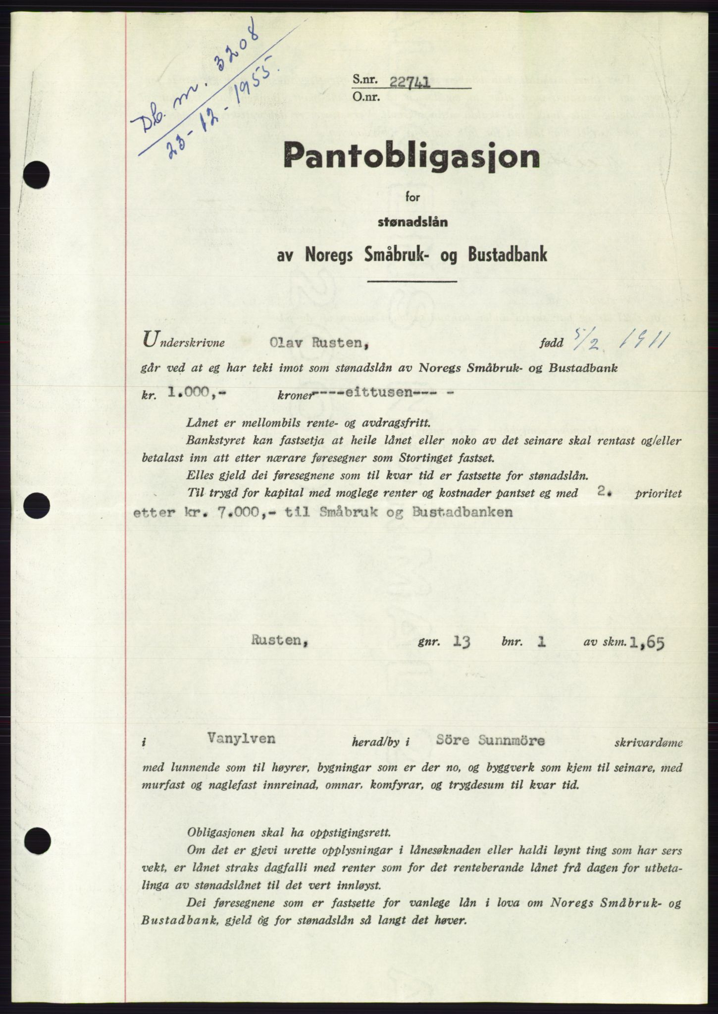 Søre Sunnmøre sorenskriveri, SAT/A-4122/1/2/2C/L0127: Pantebok nr. 15B, 1955-1955, Dagboknr: 3208/1955