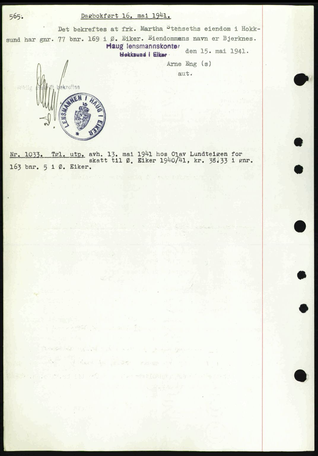 Eiker, Modum og Sigdal sorenskriveri, SAKO/A-123/G/Ga/Gab/L0043: Pantebok nr. A13, 1940-1941, Dagboknr: 1033/1941