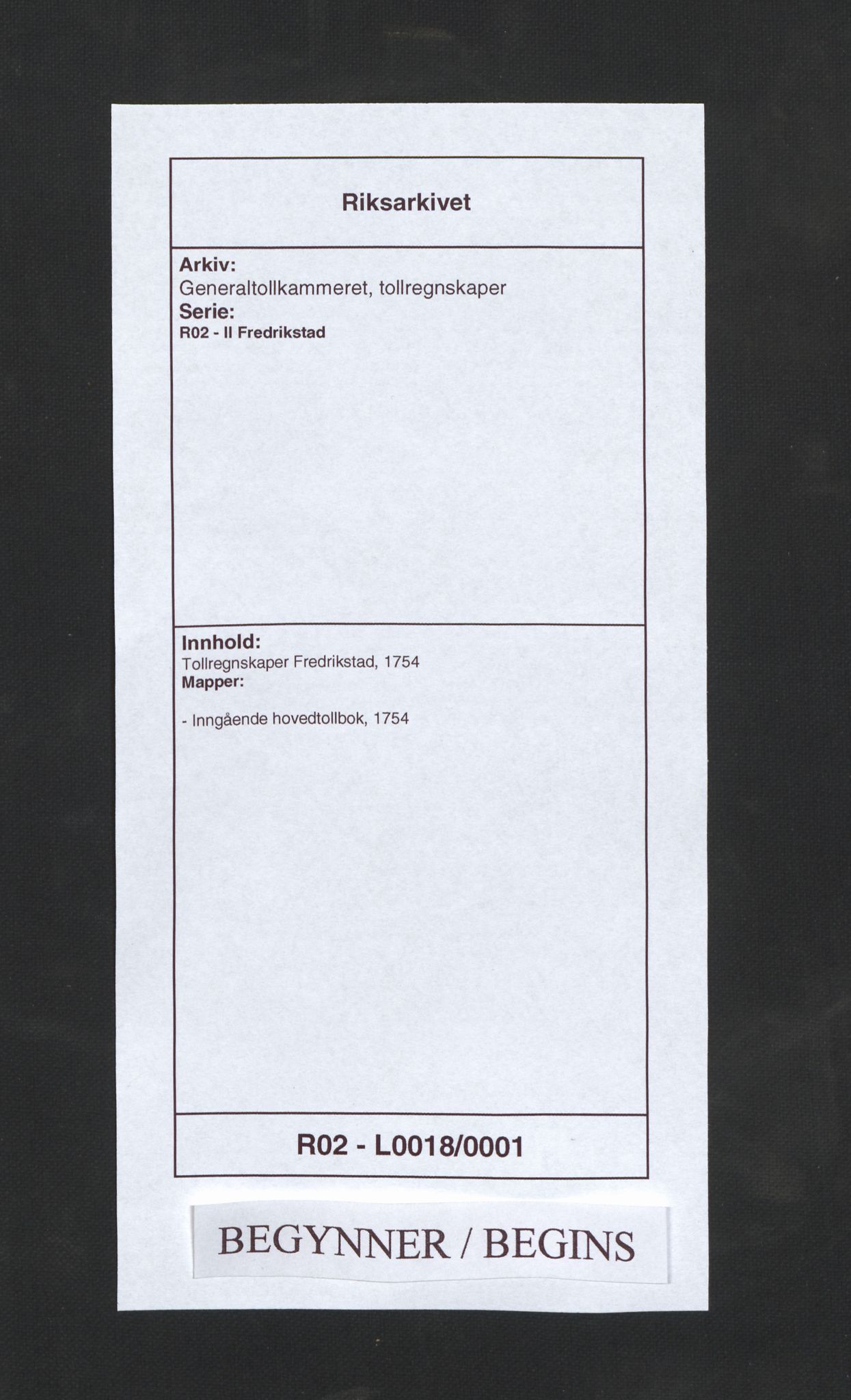 Generaltollkammeret, tollregnskaper, RA/EA-5490/R02/L0018/0001: Tollregnskaper Fredrikstad / Inngående hovedtollbok, 1754
