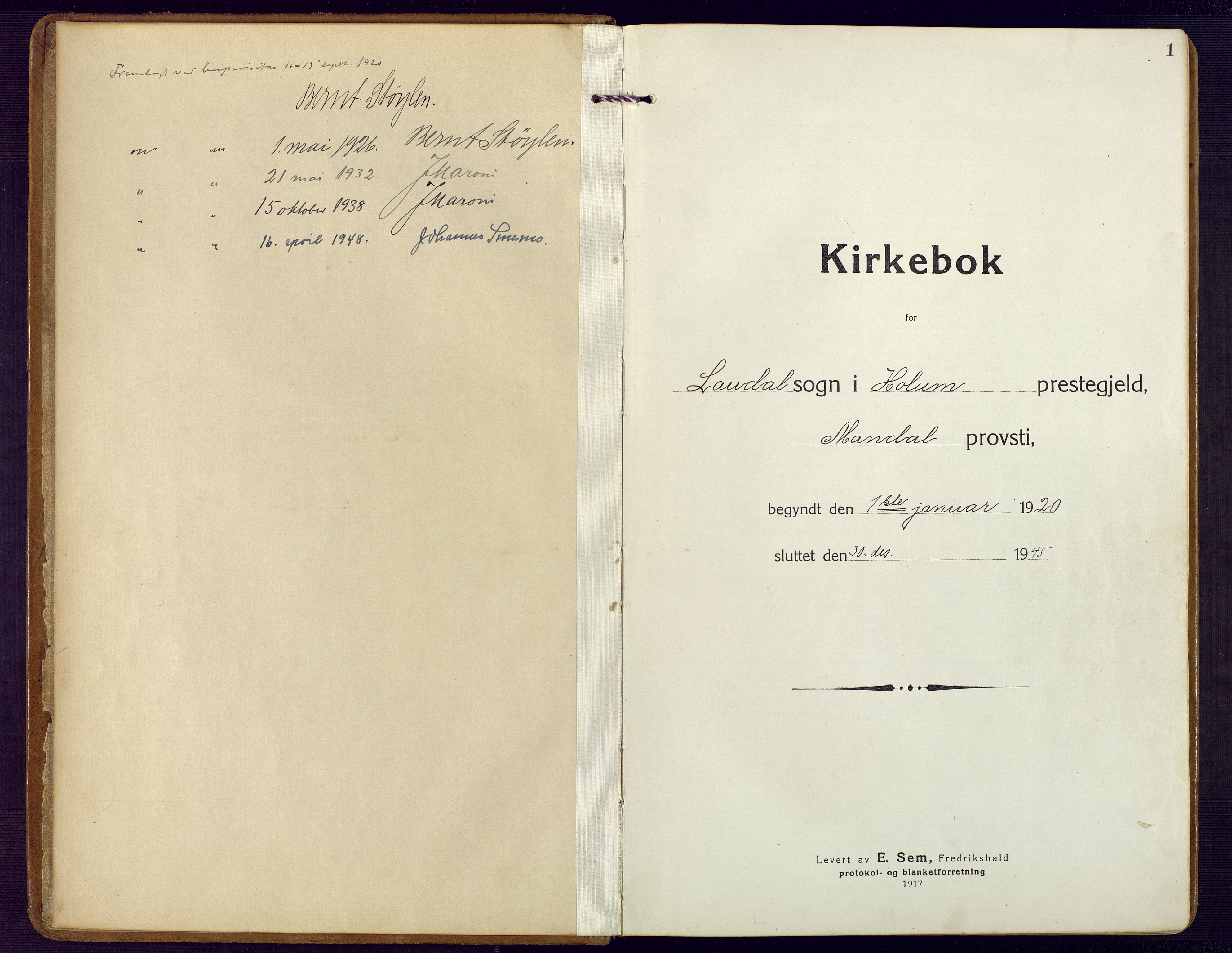 Holum sokneprestkontor, SAK/1111-0022/F/Fb/Fbb/L0005: Klokkerbok nr. B 5, 1920-1945, s. 1