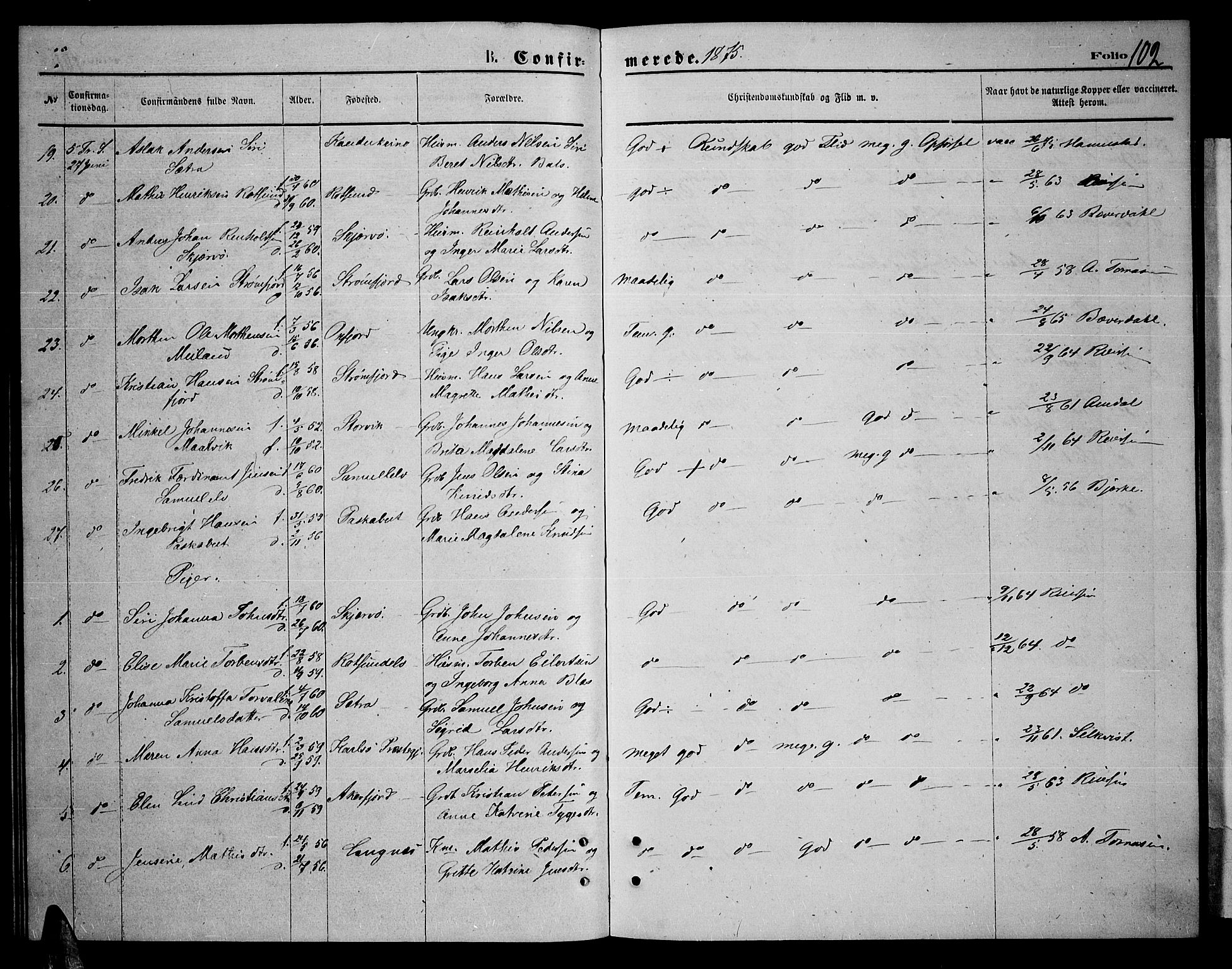 Skjervøy sokneprestkontor, AV/SATØ-S-1300/H/Ha/Hab/L0005klokker: Klokkerbok nr. 5, 1871-1877, s. 102