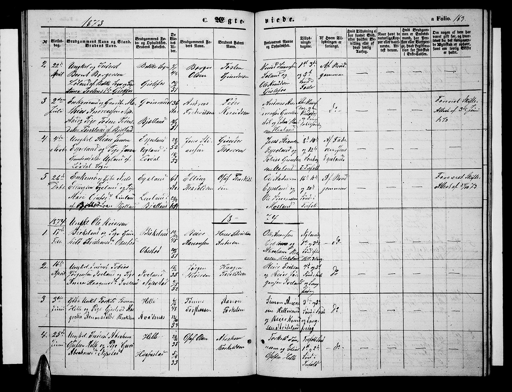 Nord-Audnedal sokneprestkontor, AV/SAK-1111-0032/F/Fb/Fba/L0002: Klokkerbok nr. B 2, 1856-1882, s. 163
