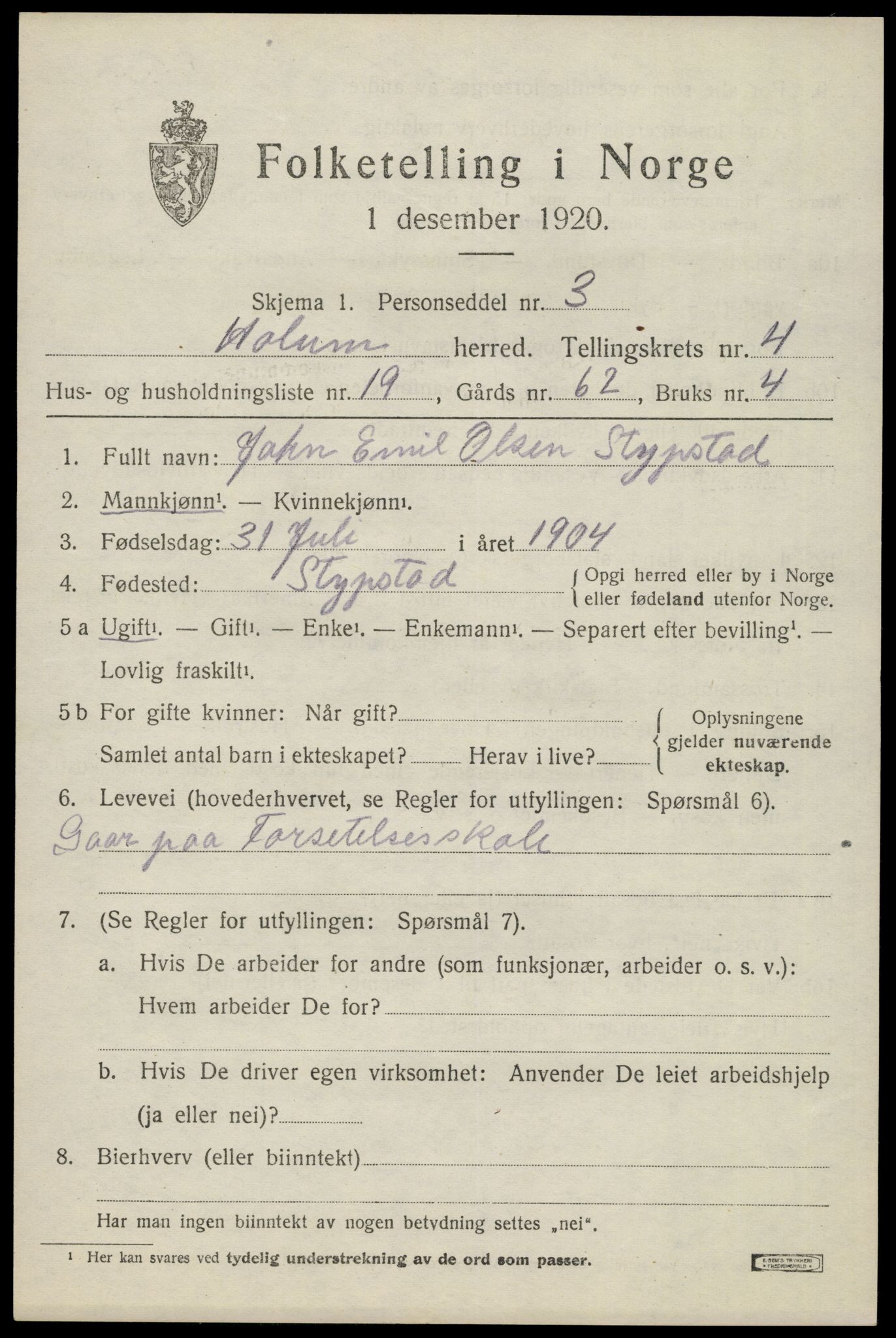 SAK, Folketelling 1920 for 1020 Holum herred, 1920, s. 2115